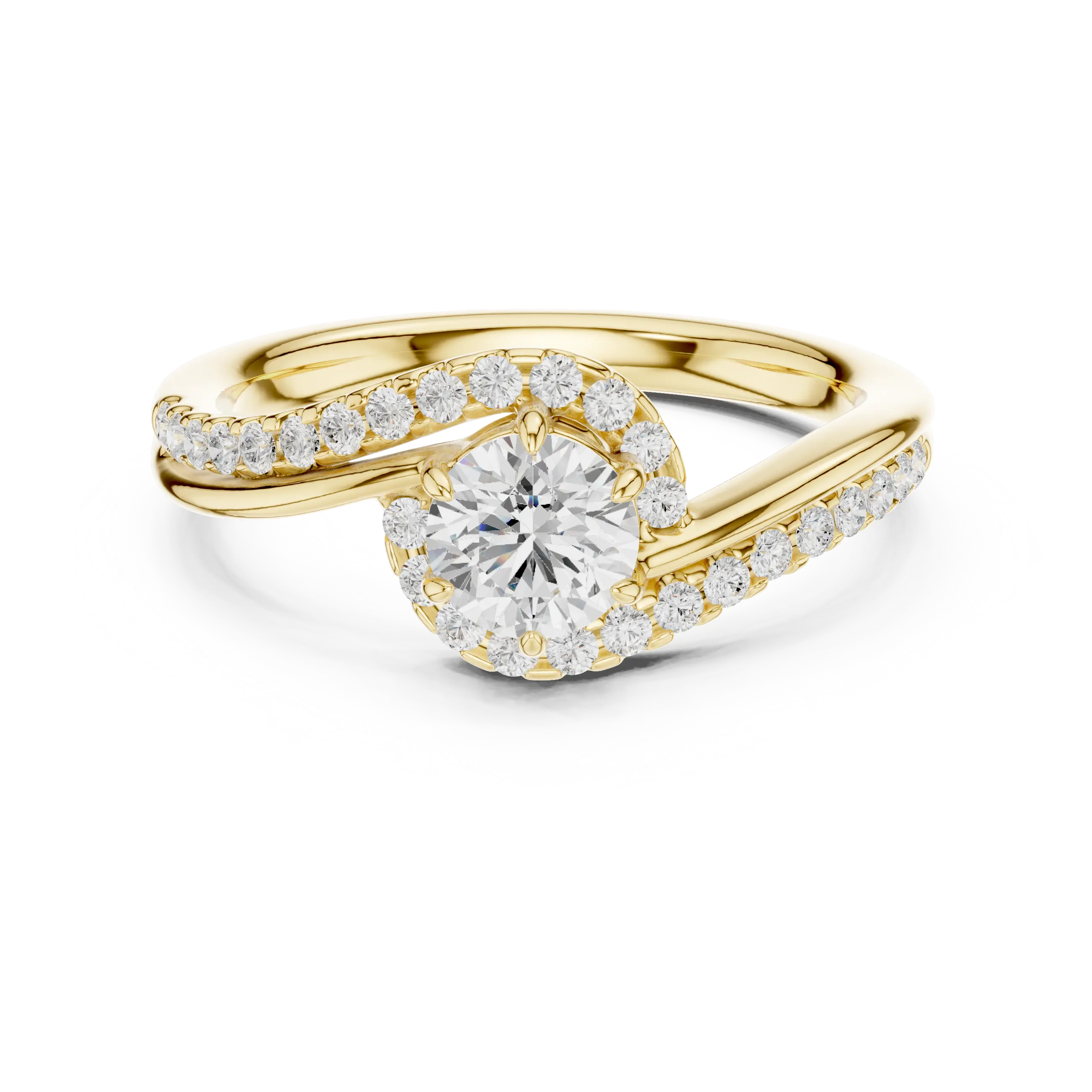 The Aurora Round Diamond Bypass Halo Engagement Ring in 14k Yellow Gold