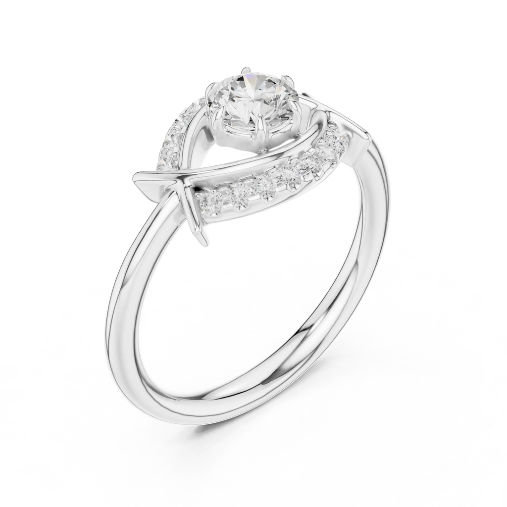 Round Diamond Bypass Ribbon Engagement Ring in 10k White Gold