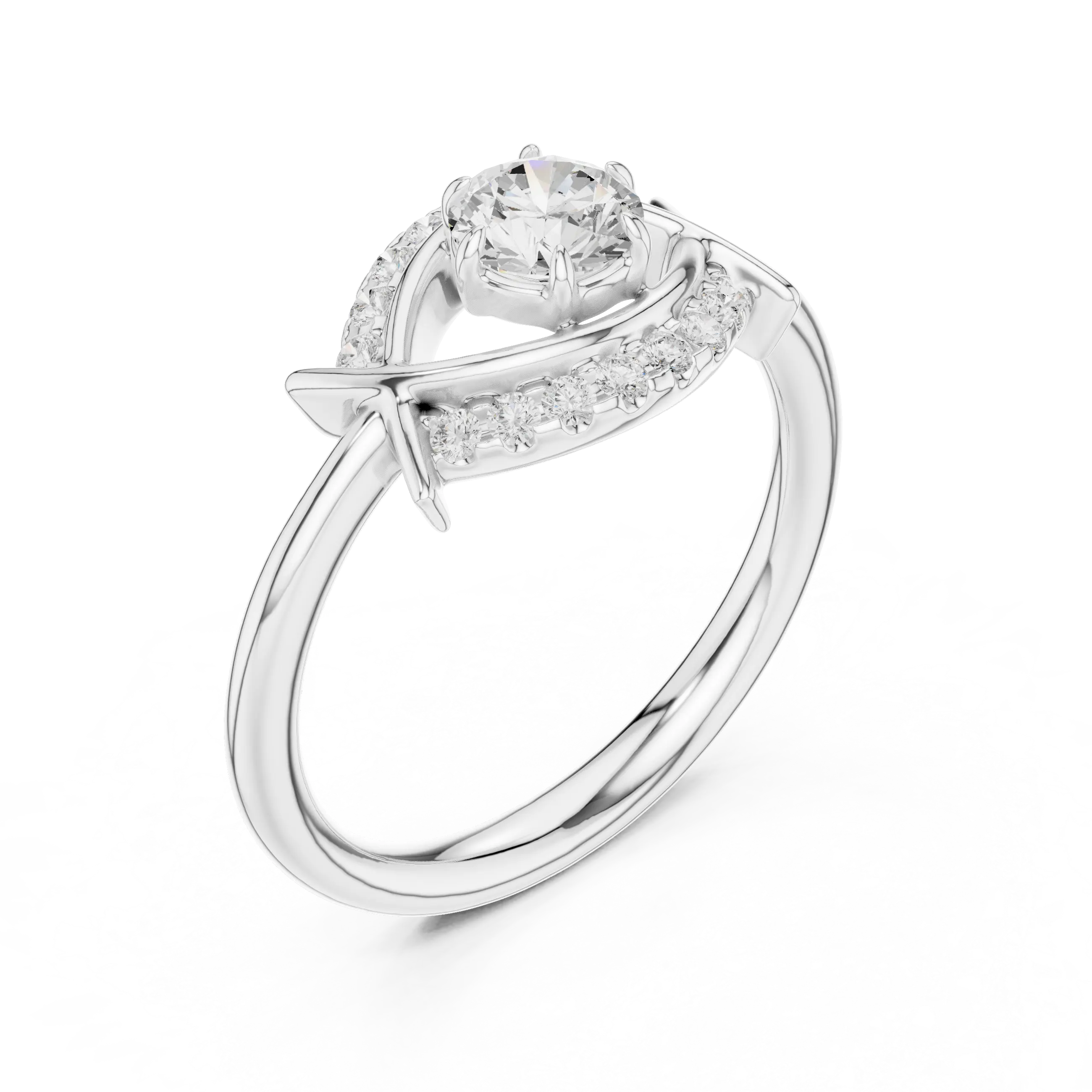 Round Diamond Bypass Ribbon Engagement Ring in 10k White Gold