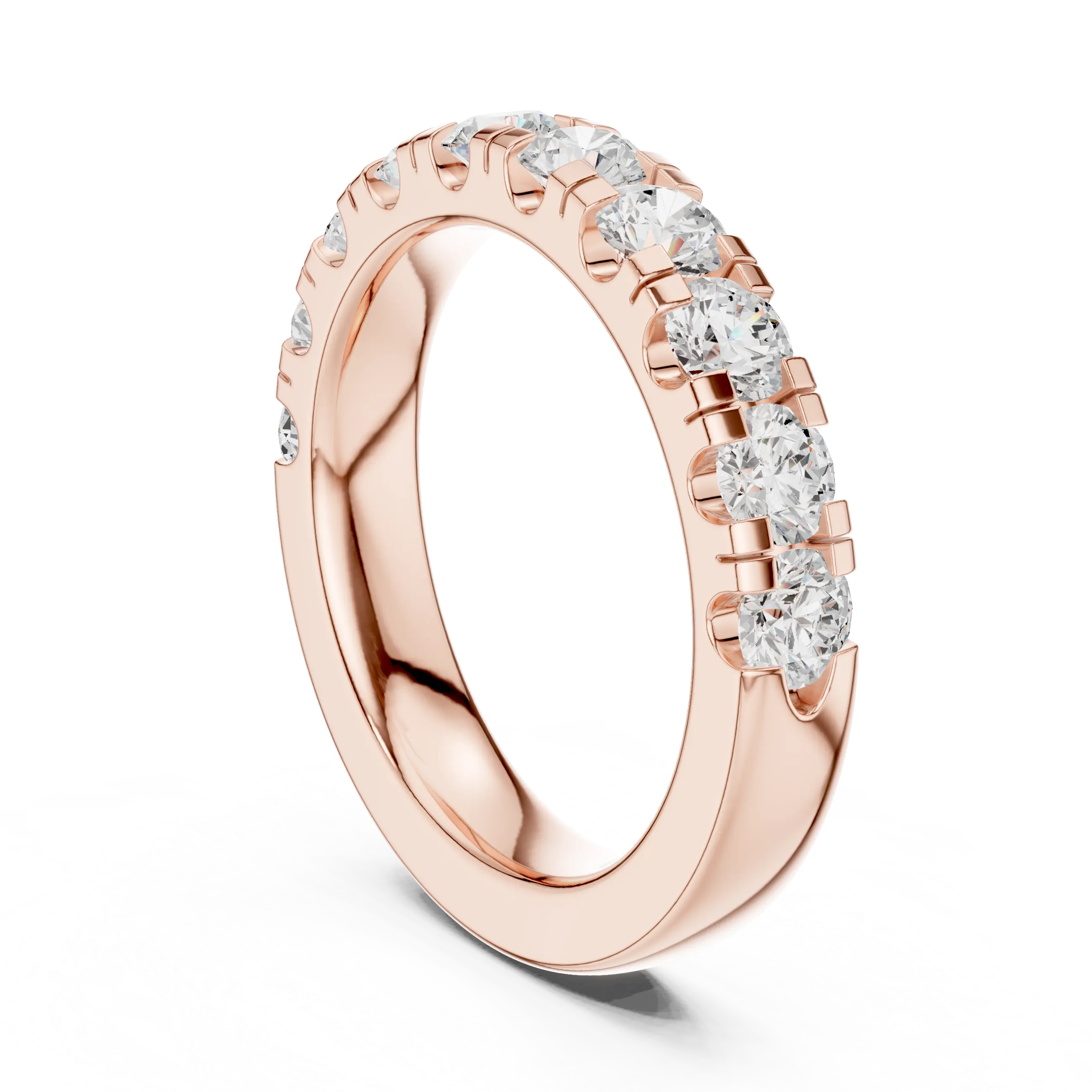 Round Moissanite Diamond Shared Prong Wedding Band in 18k Rose Gold