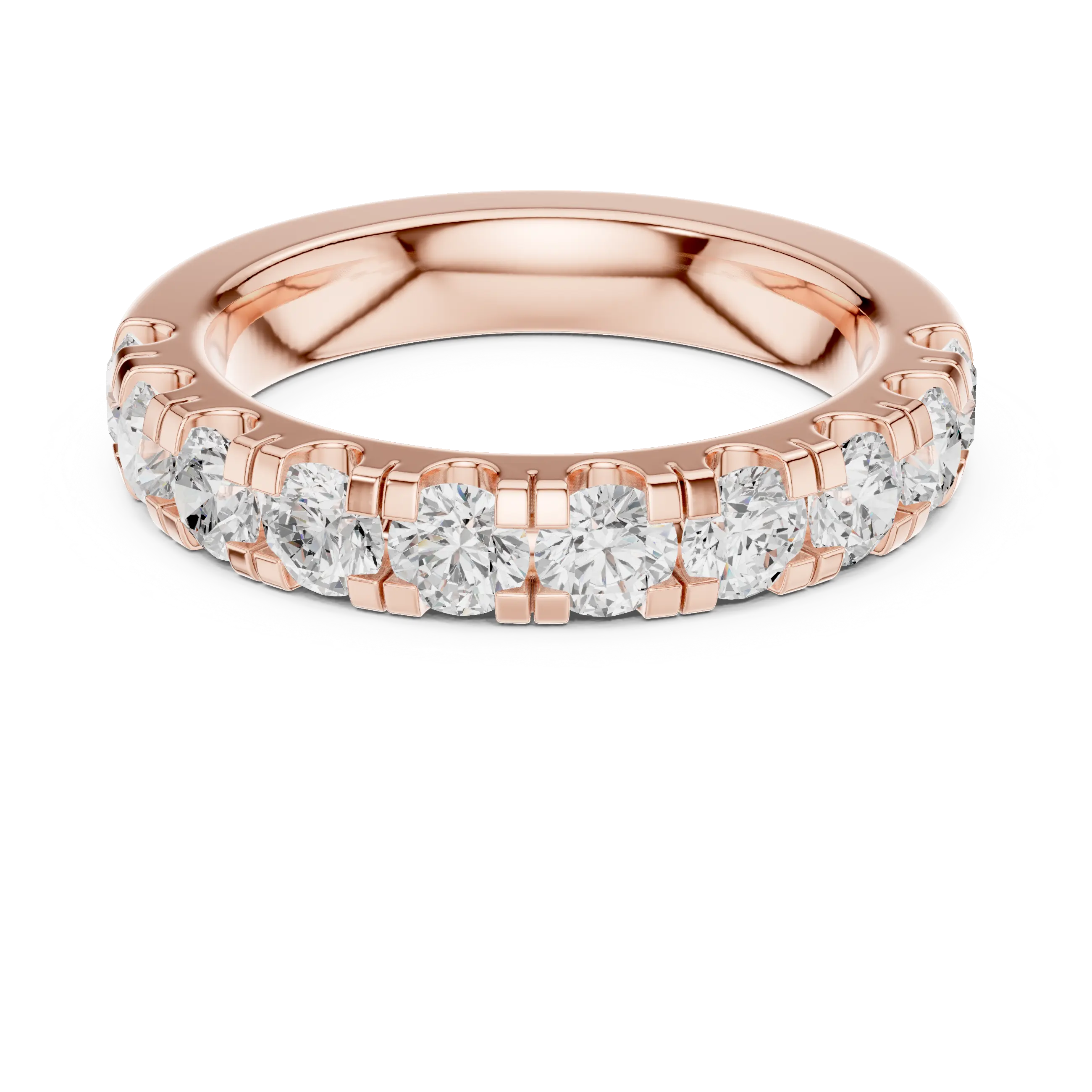 Round Moissanite Diamond Shared Prong Wedding Band in 18k Rose Gold