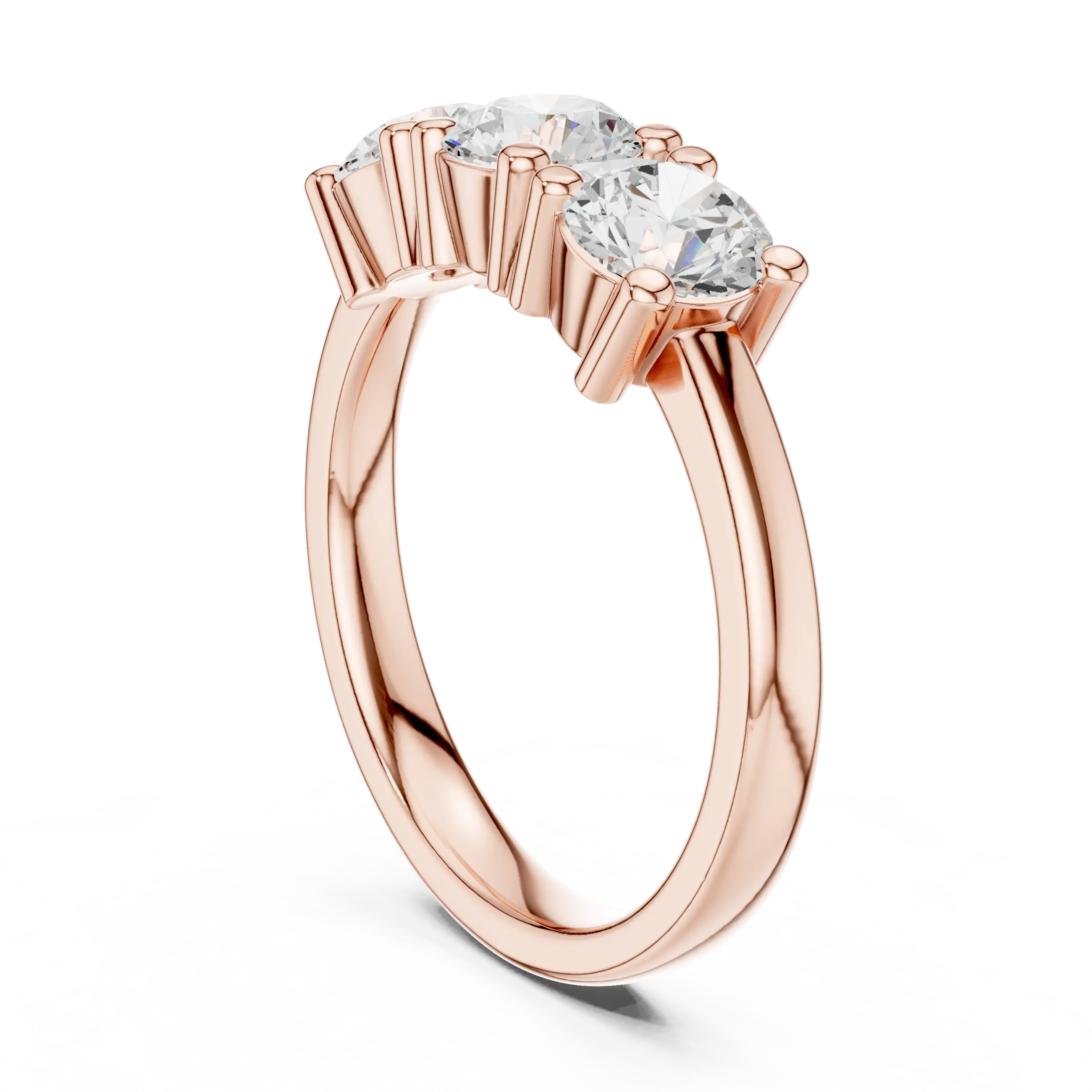 Round Brilliant Cut Moissanite Three-Stone Anniversary Ring in 18K Rose Gold