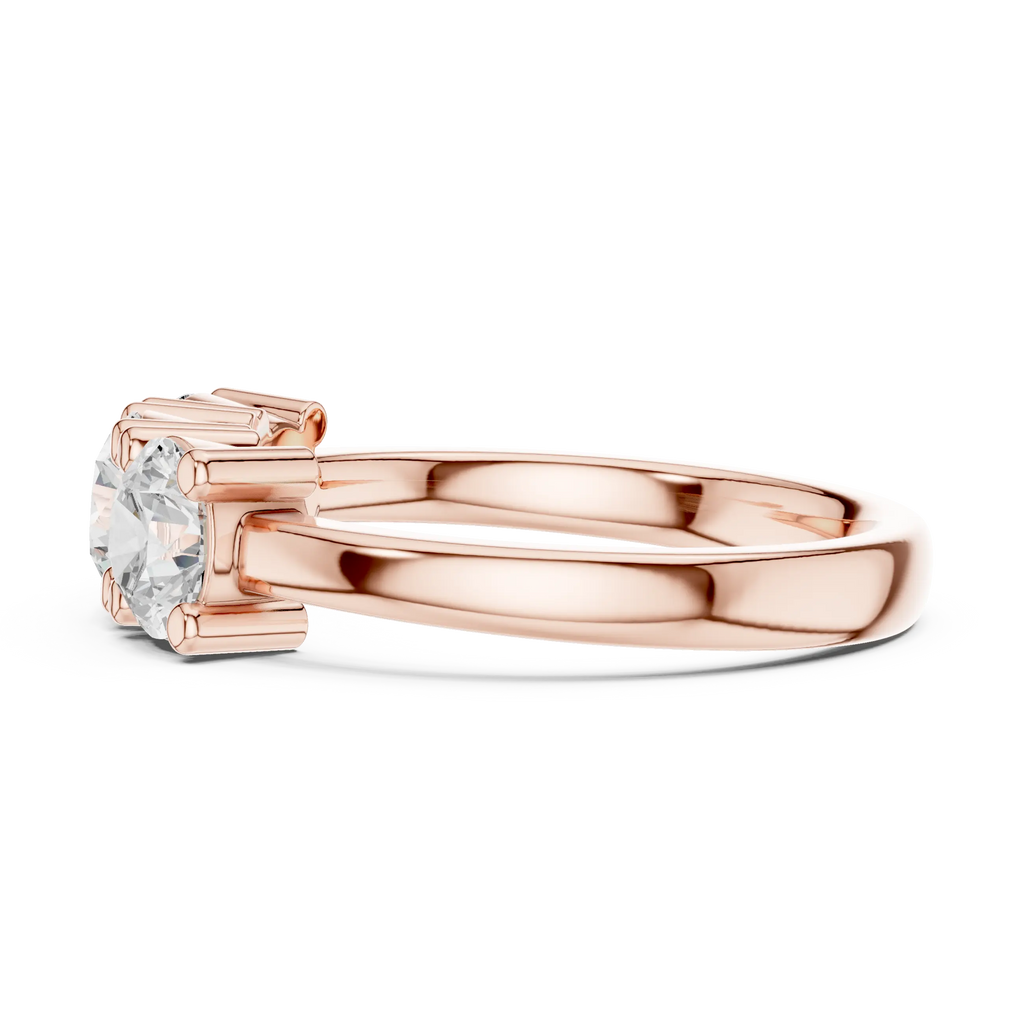 Round Brilliant Cut Moissanite Three-Stone Anniversary Ring in 18K Rose Gold
