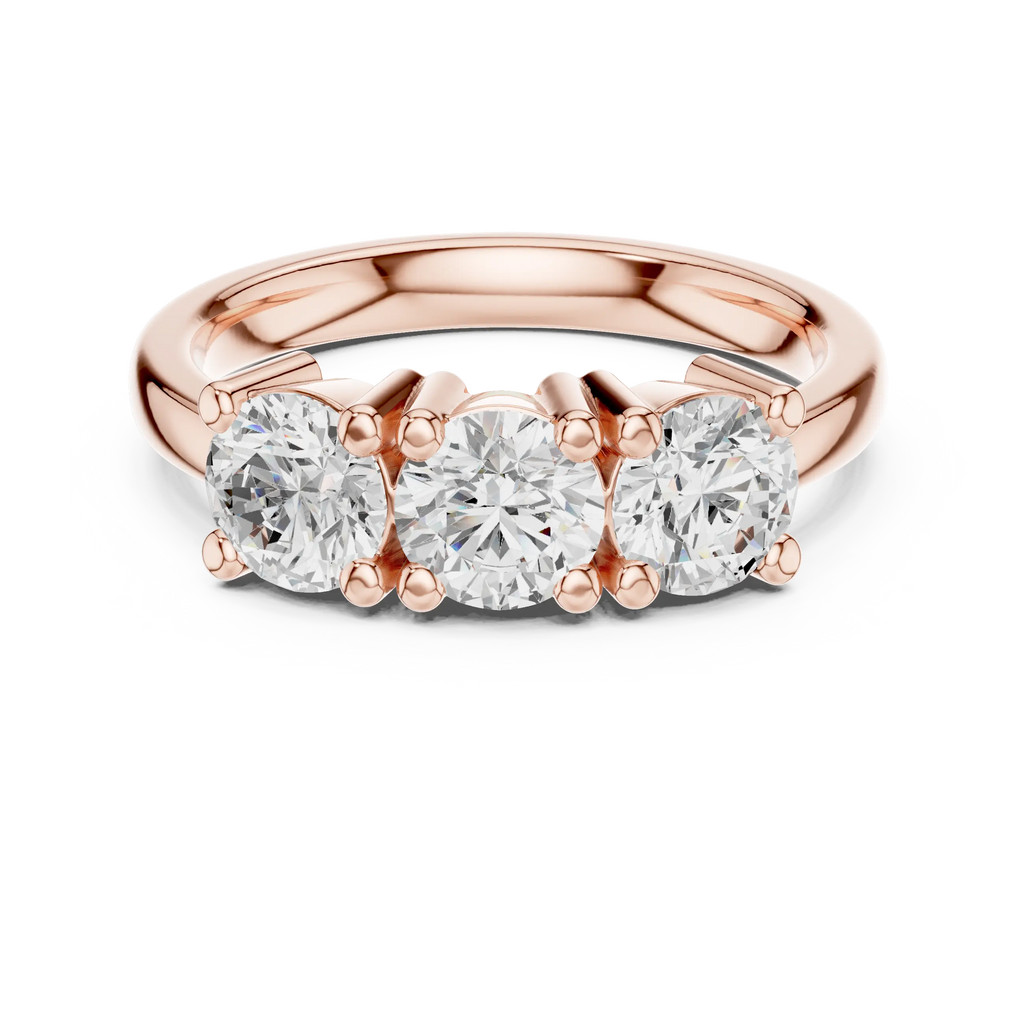 Round Brilliant Cut Moissanite Three-Stone Anniversary Ring in 18K Rose Gold