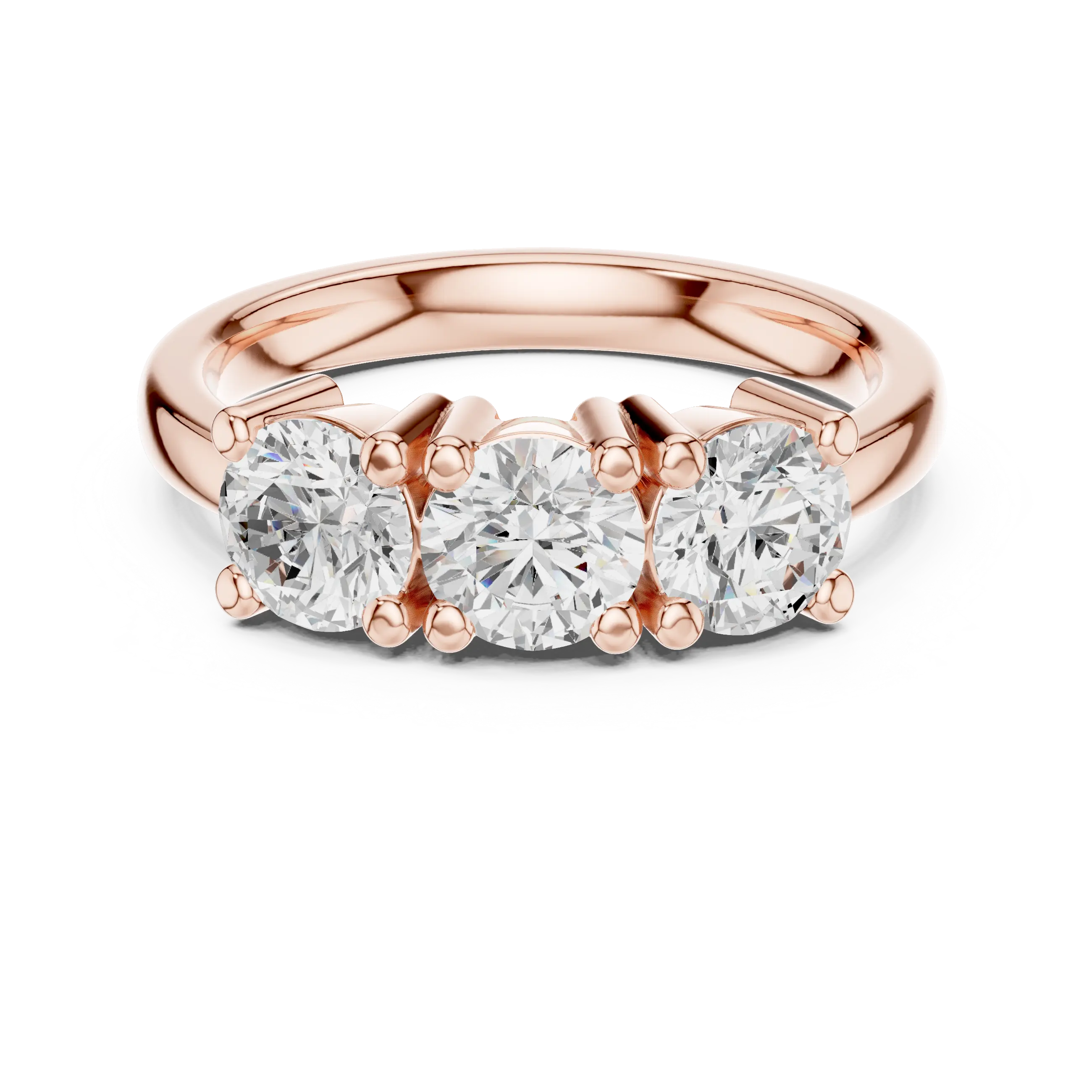 Round Brilliant Cut Moissanite Three-Stone Anniversary Ring in 18K Rose Gold