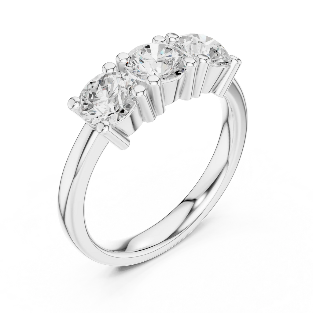 Round Brilliant Cut Moissanite Three-Stone Anniversary Ring in 18K Rose Gold