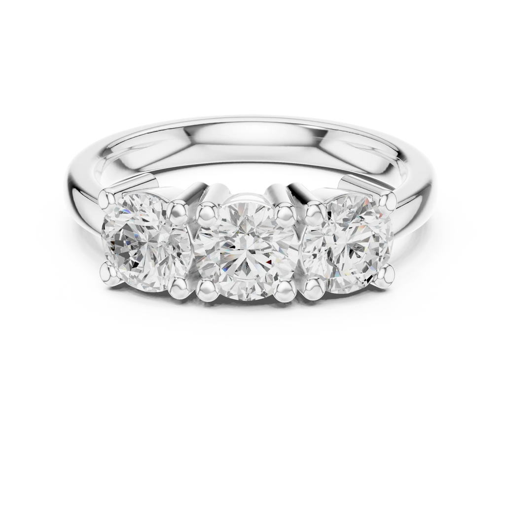 Round Brilliant Cut Moissanite Three-Stone Anniversary Ring in 18K Rose Gold