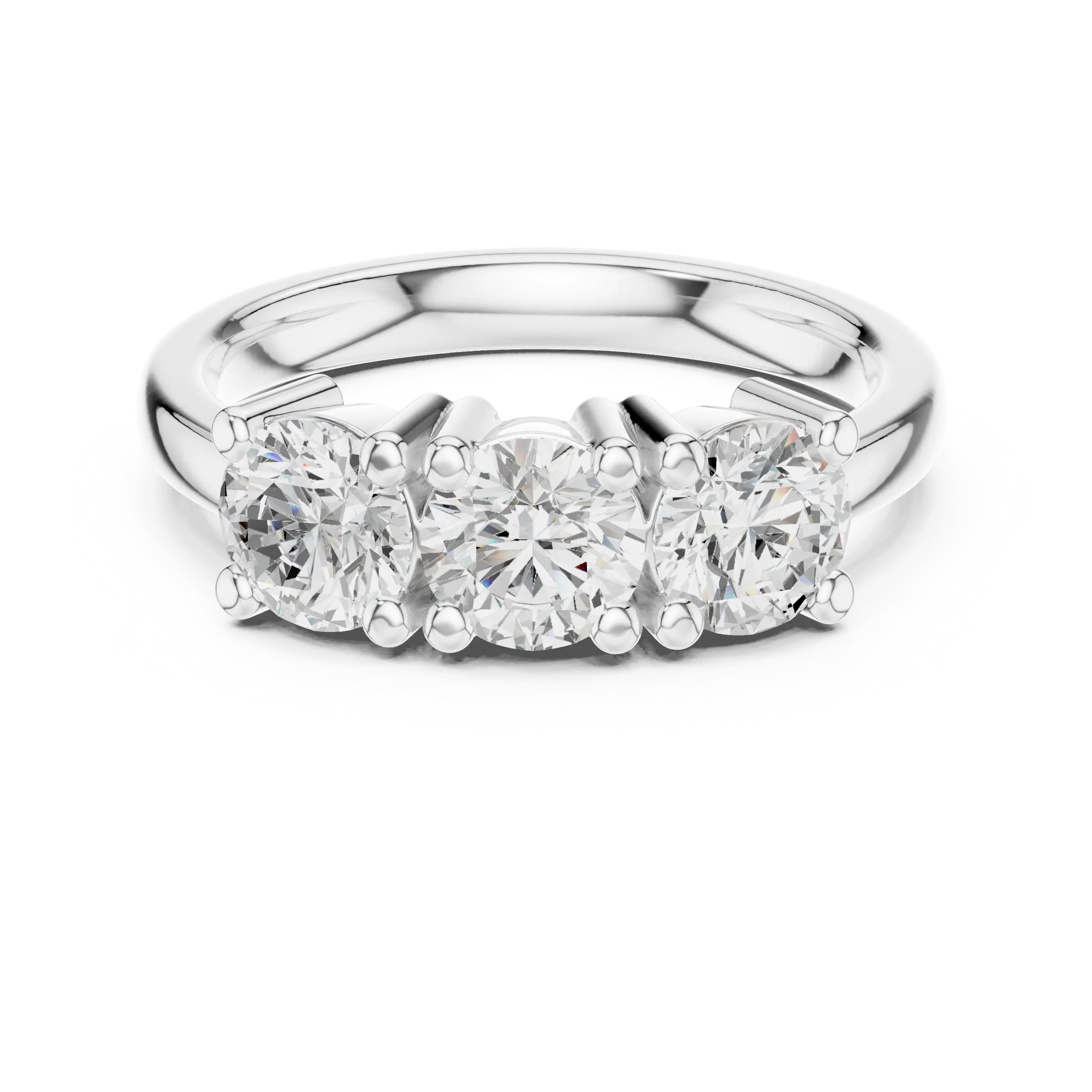 Round Brilliant Cut Moissanite Three-Stone Anniversary Ring in 18K Rose Gold