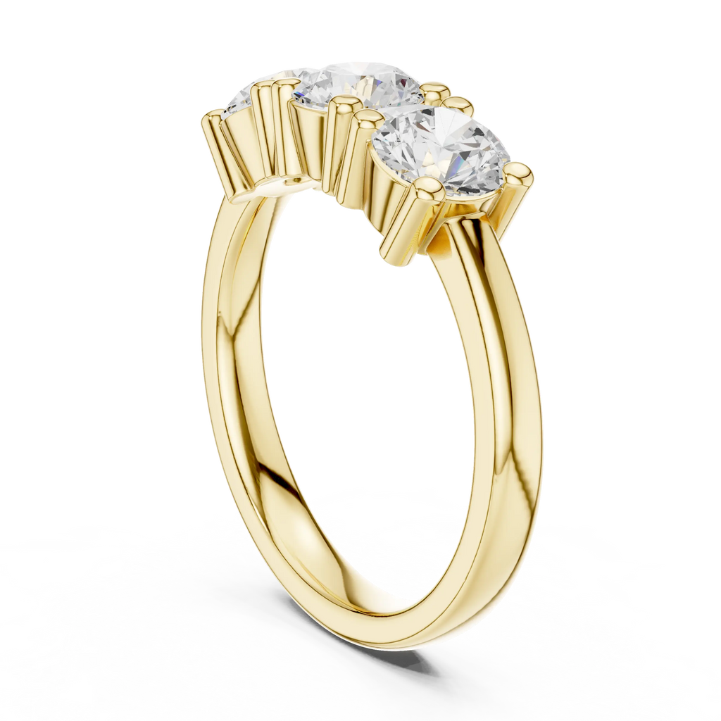 Round Brilliant Cut Moissanite Three-Stone Anniversary Ring in 18K Rose Gold