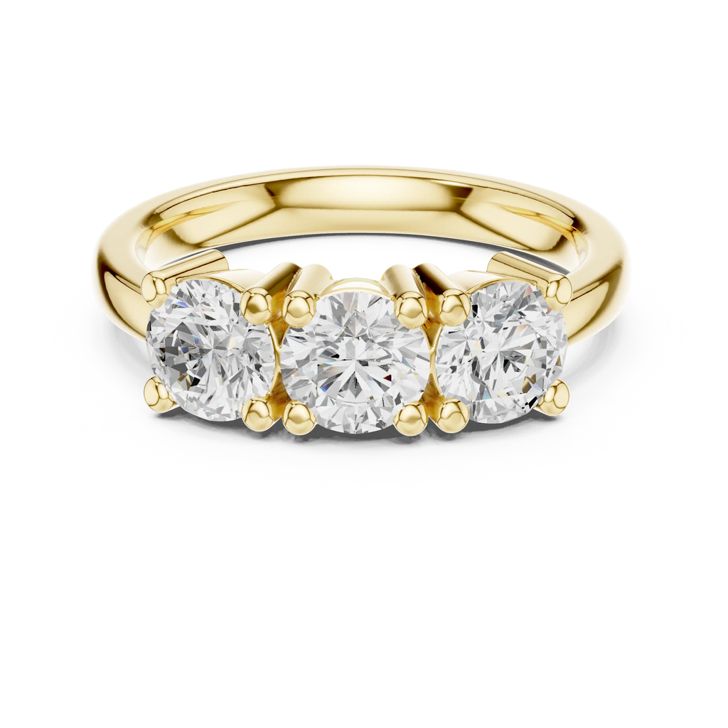 Round Brilliant Cut Moissanite Three-Stone Anniversary Ring in 18K Rose Gold