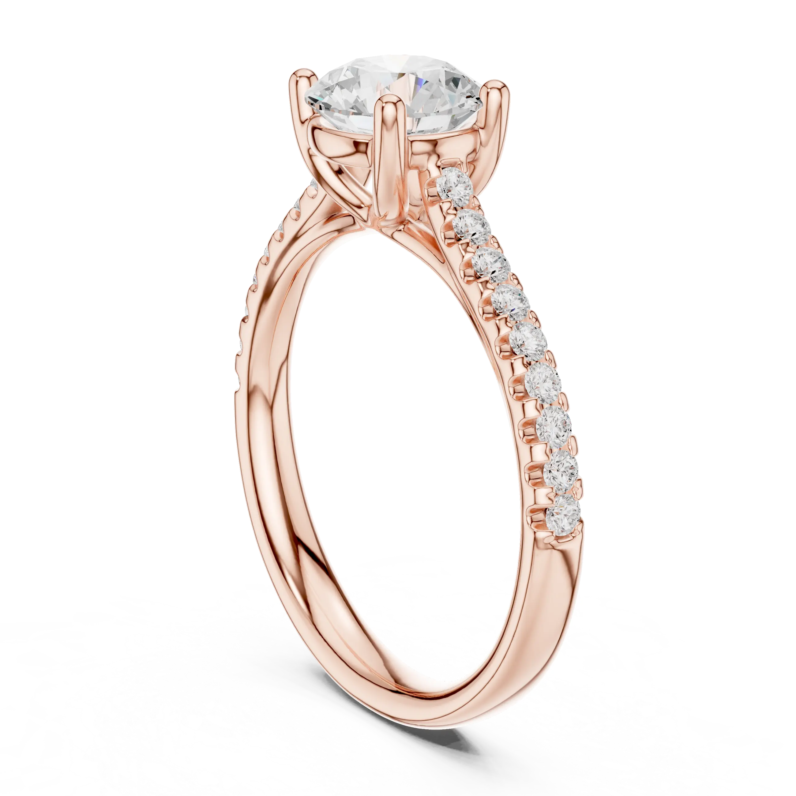 Classic Round Diamond Engagement Ring in Yellow Gold with Pavé Band