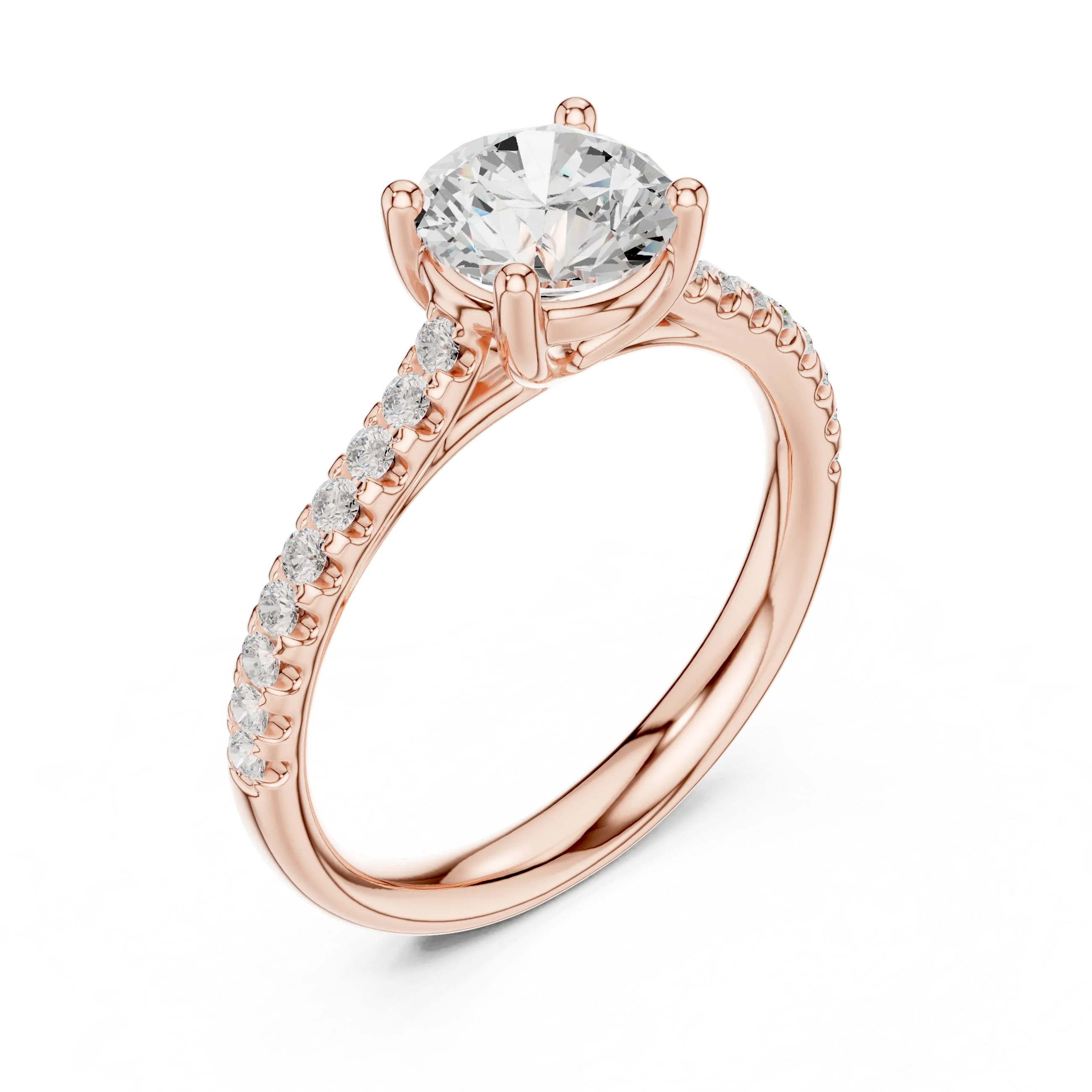 Classic Round Diamond Engagement Ring in Yellow Gold with Pavé Band