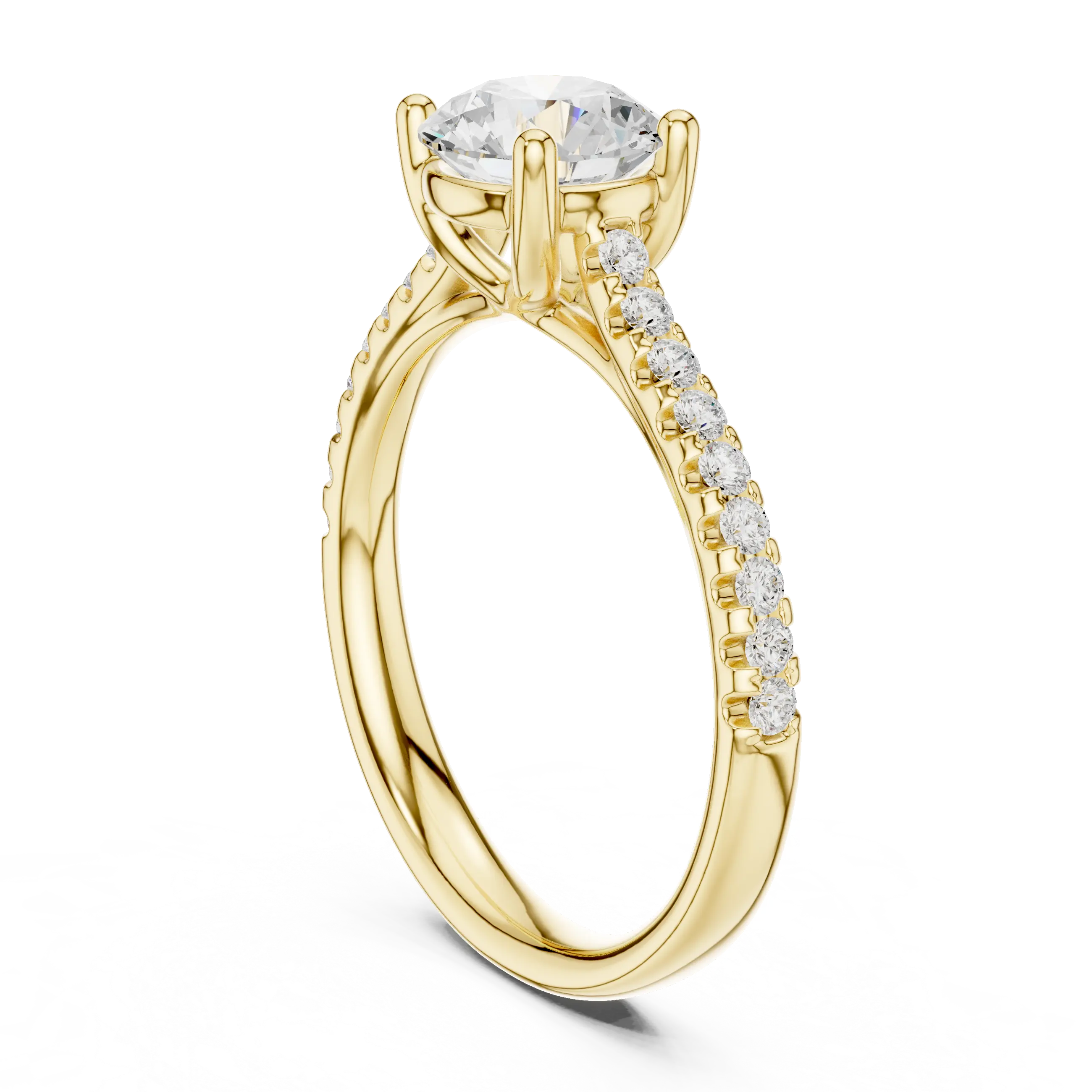 Classic Round Diamond Engagement Ring in Yellow Gold with Pavé Band