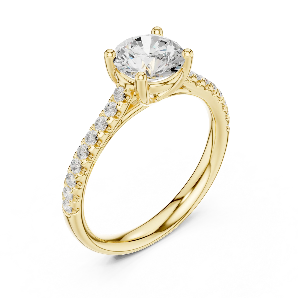 Classic Round Diamond Engagement Ring in Yellow Gold with Pavé Band