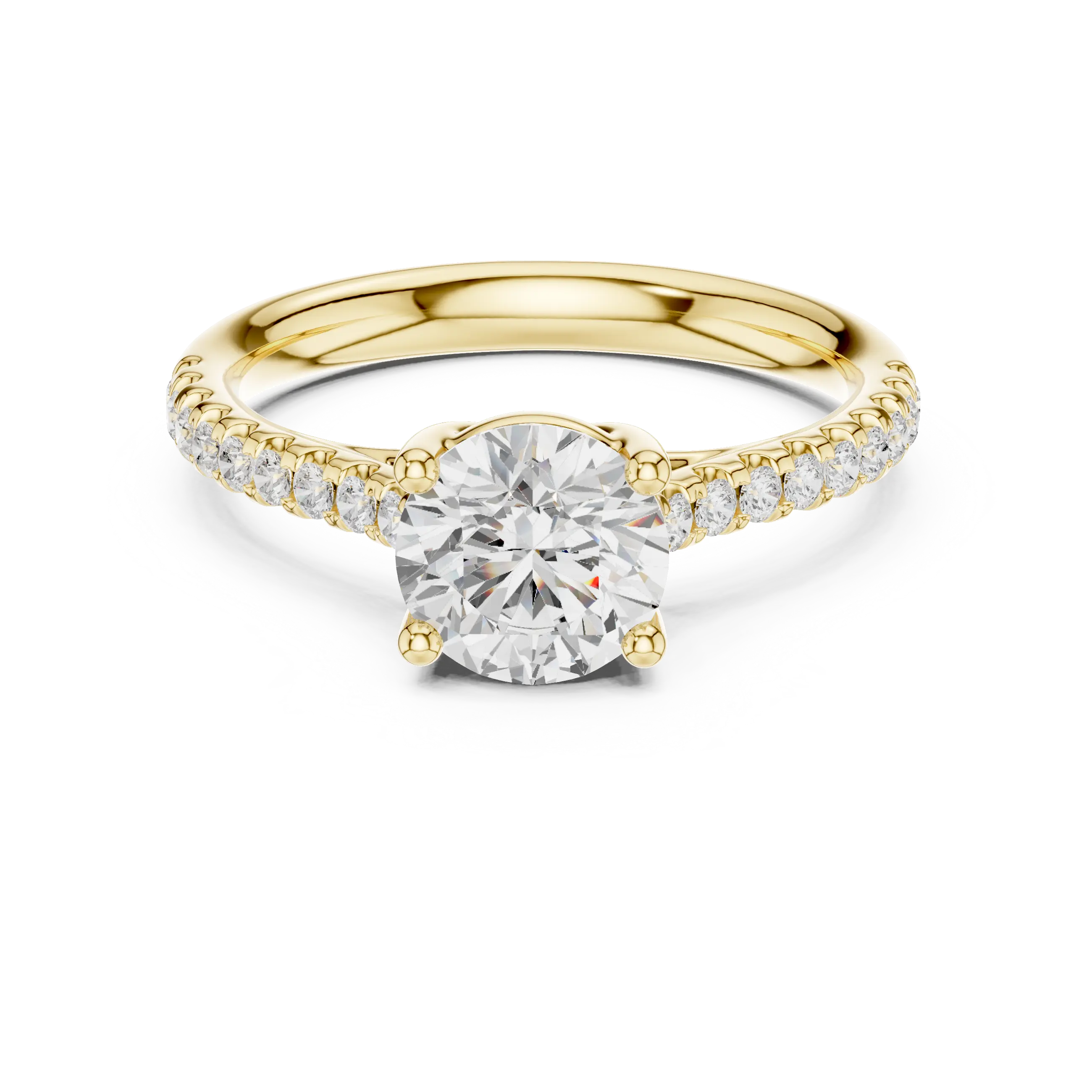 Classic Round Diamond Engagement Ring in Yellow Gold with Pavé Band