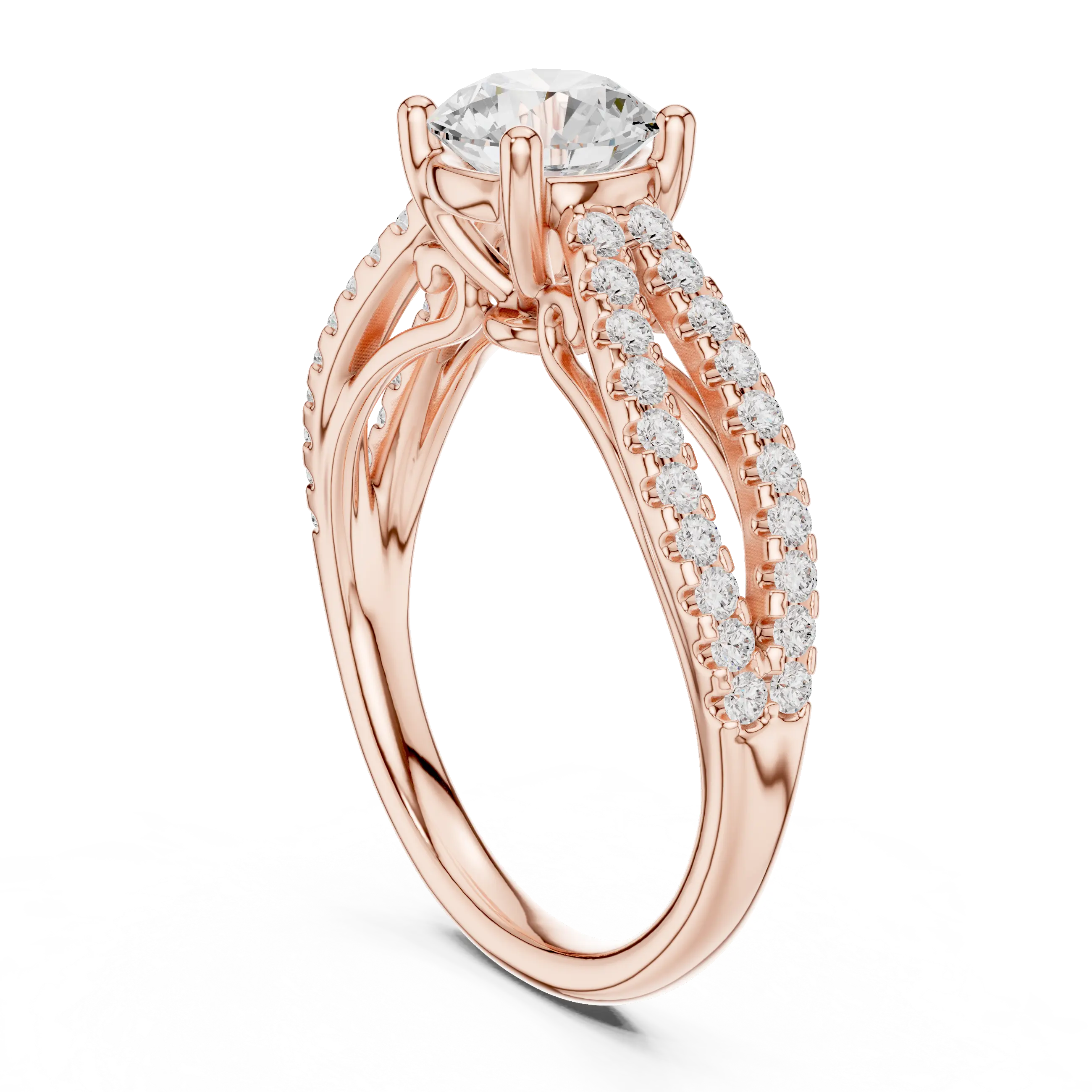 Round Diamond Split-Shank Pavé Engagement Ring in 18k White Gold