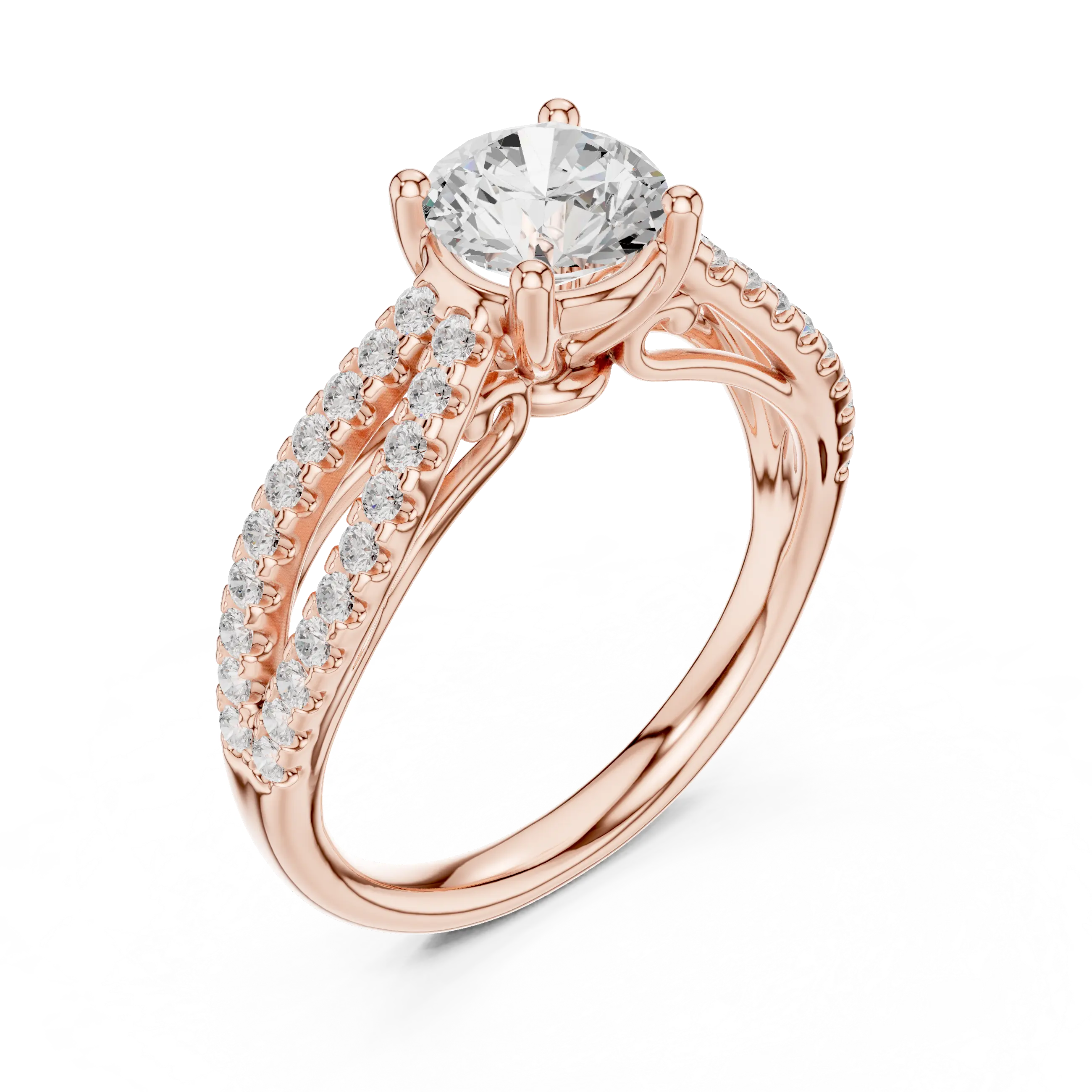 Round Diamond Split-Shank Pavé Engagement Ring in 18k White Gold