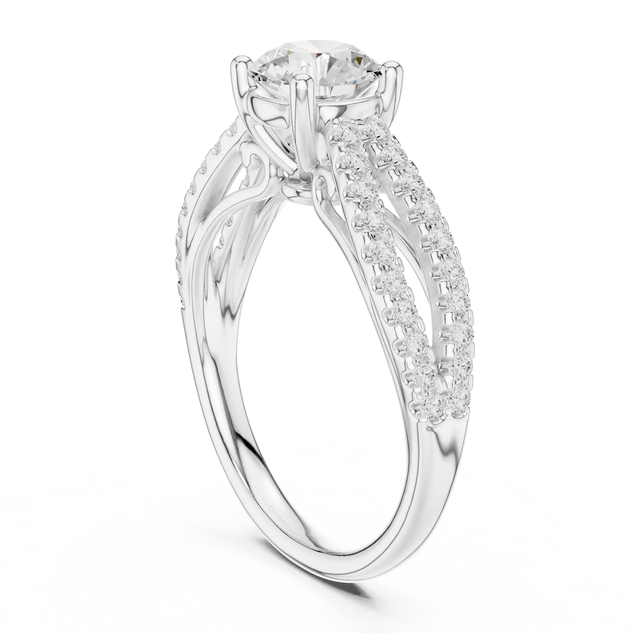 Round Diamond Split-Shank Pavé Engagement Ring in 18k White Gold