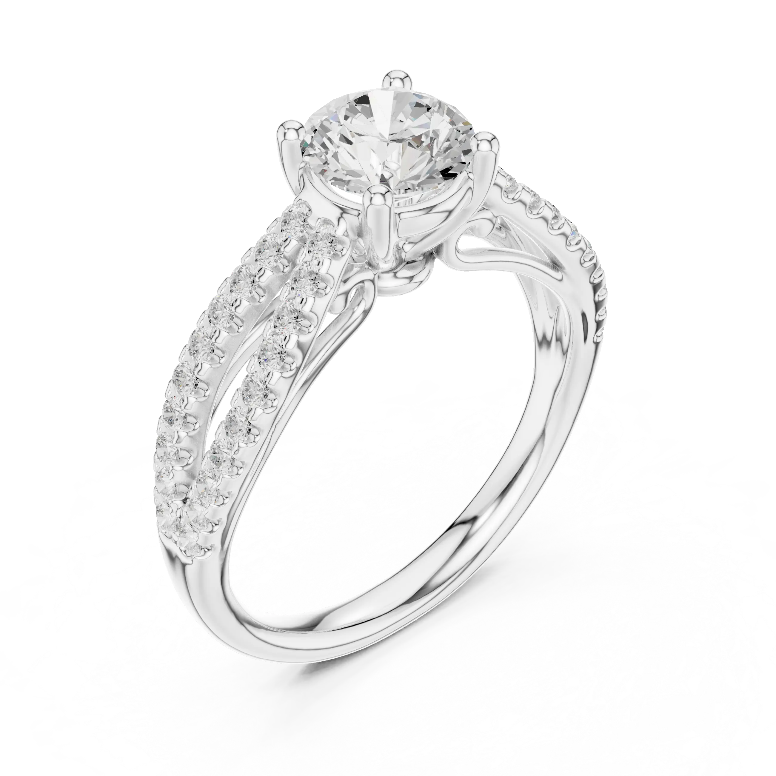 Round Diamond Split-Shank Pavé Engagement Ring in 18k White Gold