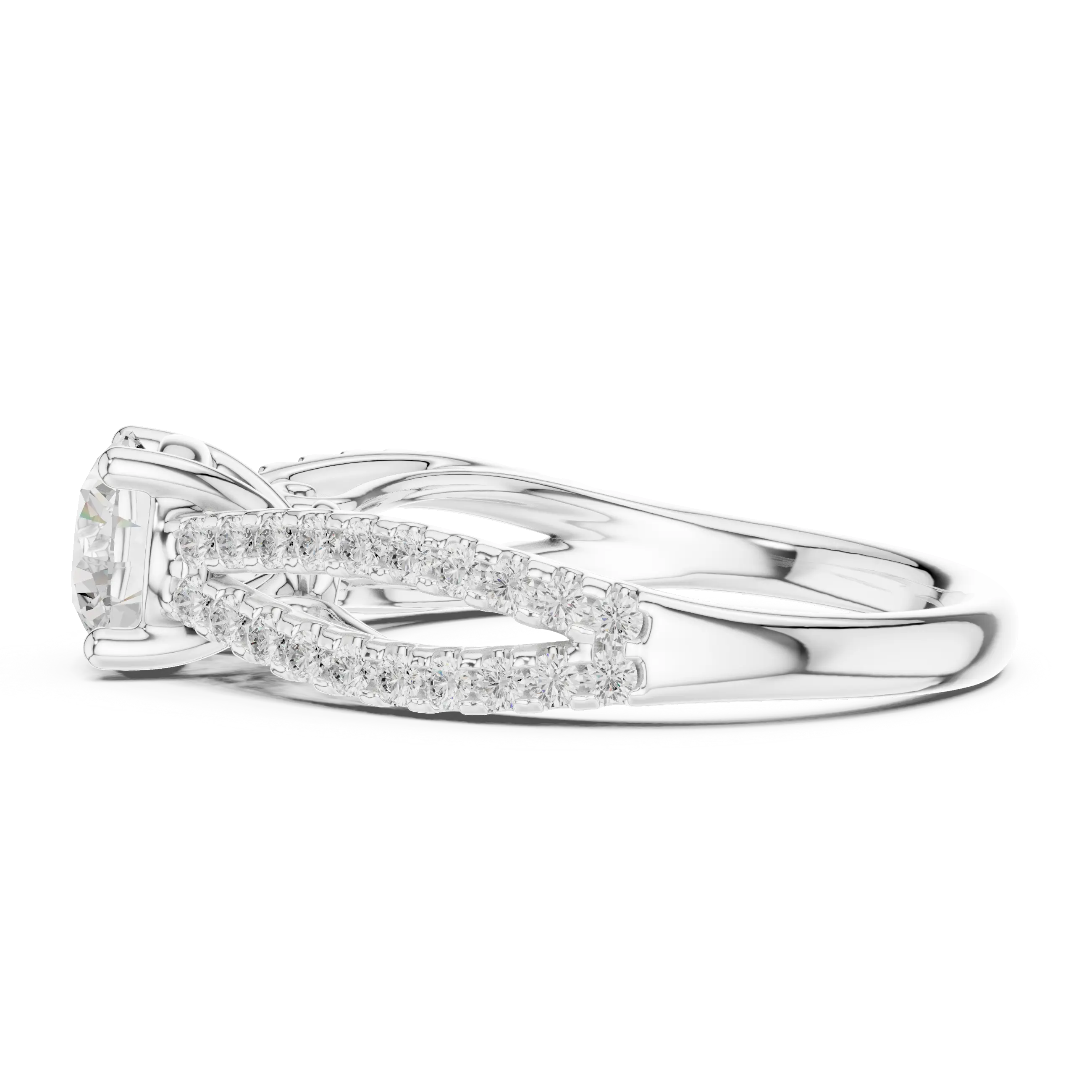 Round Diamond Split-Shank Pavé Engagement Ring in 18k White Gold