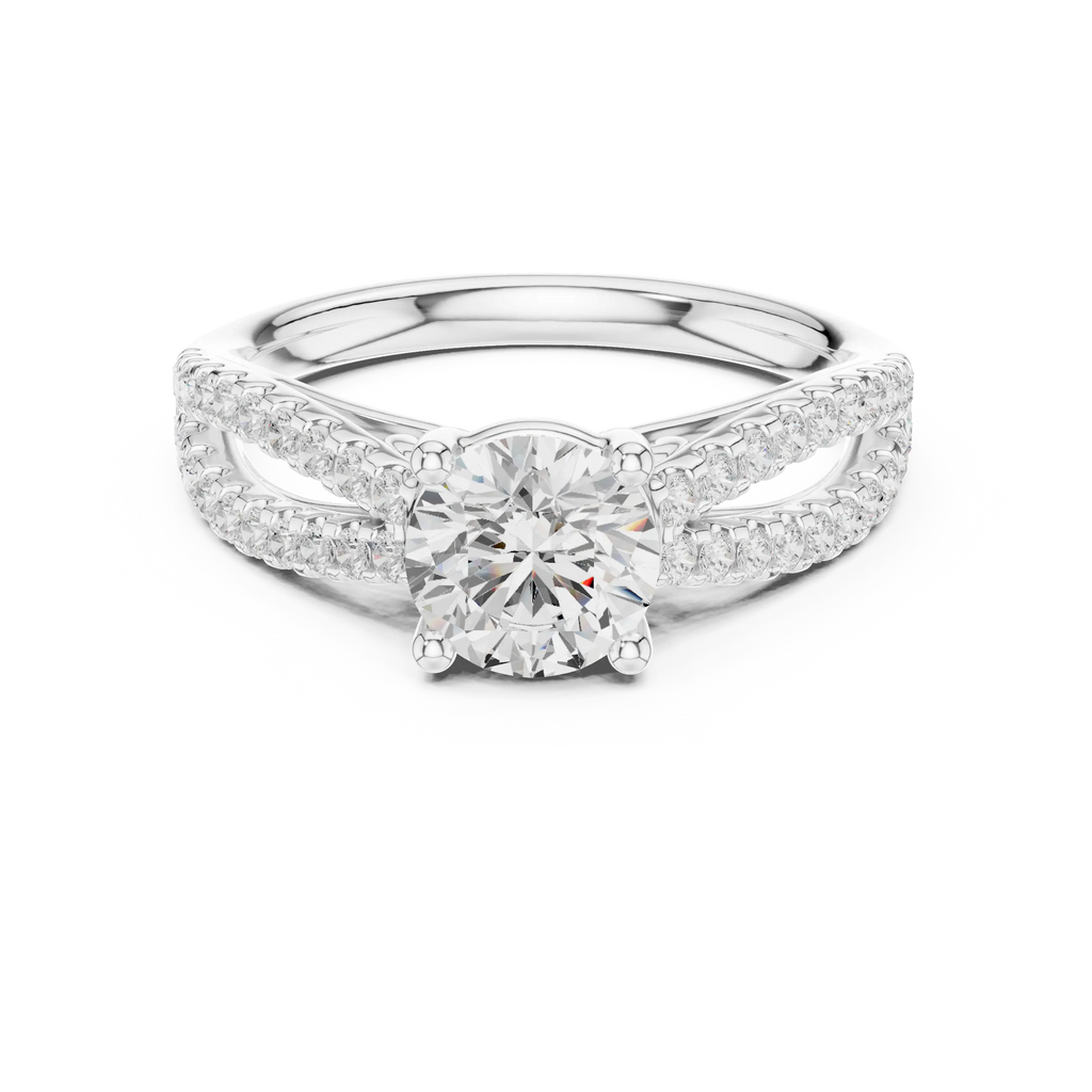 Round Diamond Split-Shank Pavé Engagement Ring in 18k White Gold
