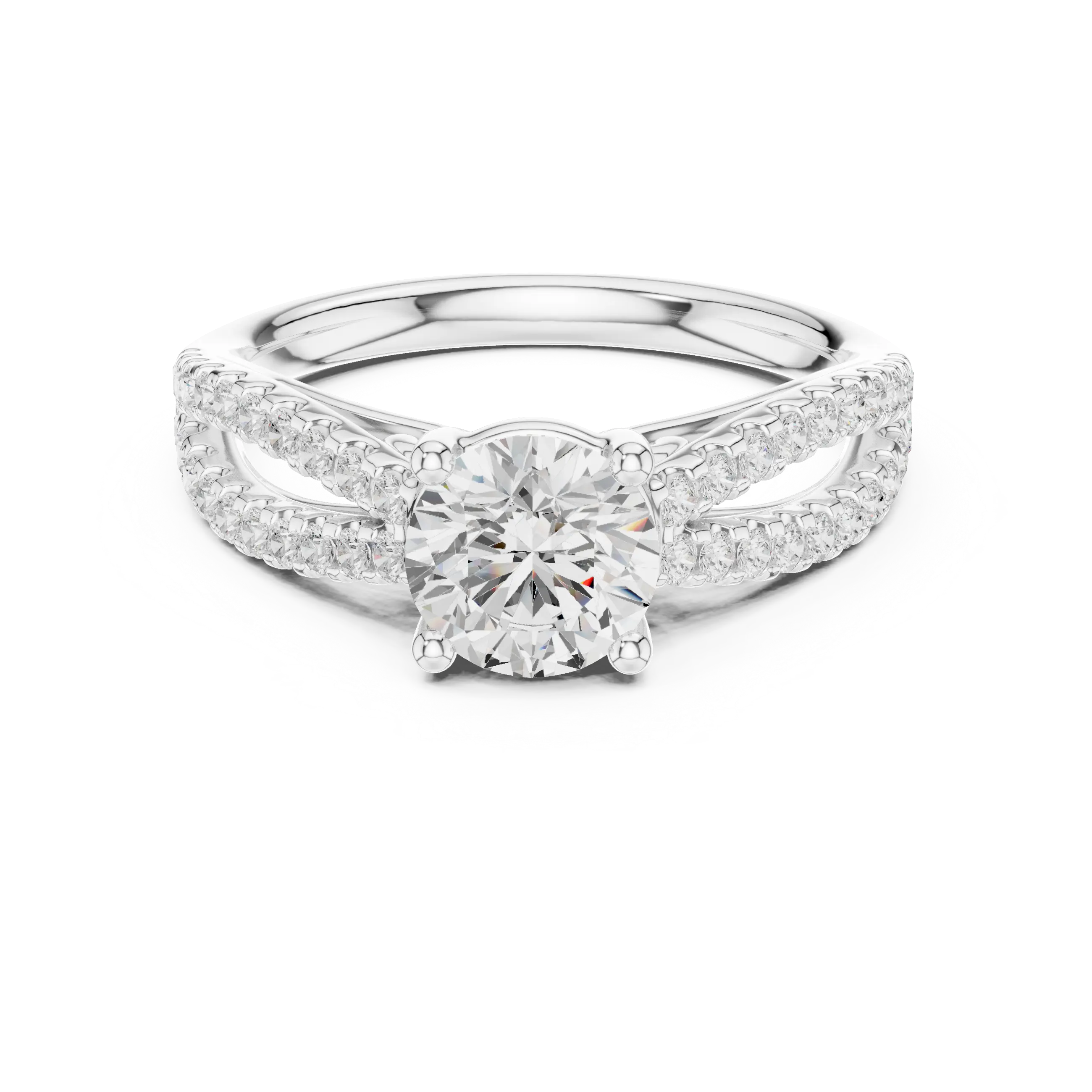 Round Diamond Split-Shank Pavé Engagement Ring in 18k White Gold