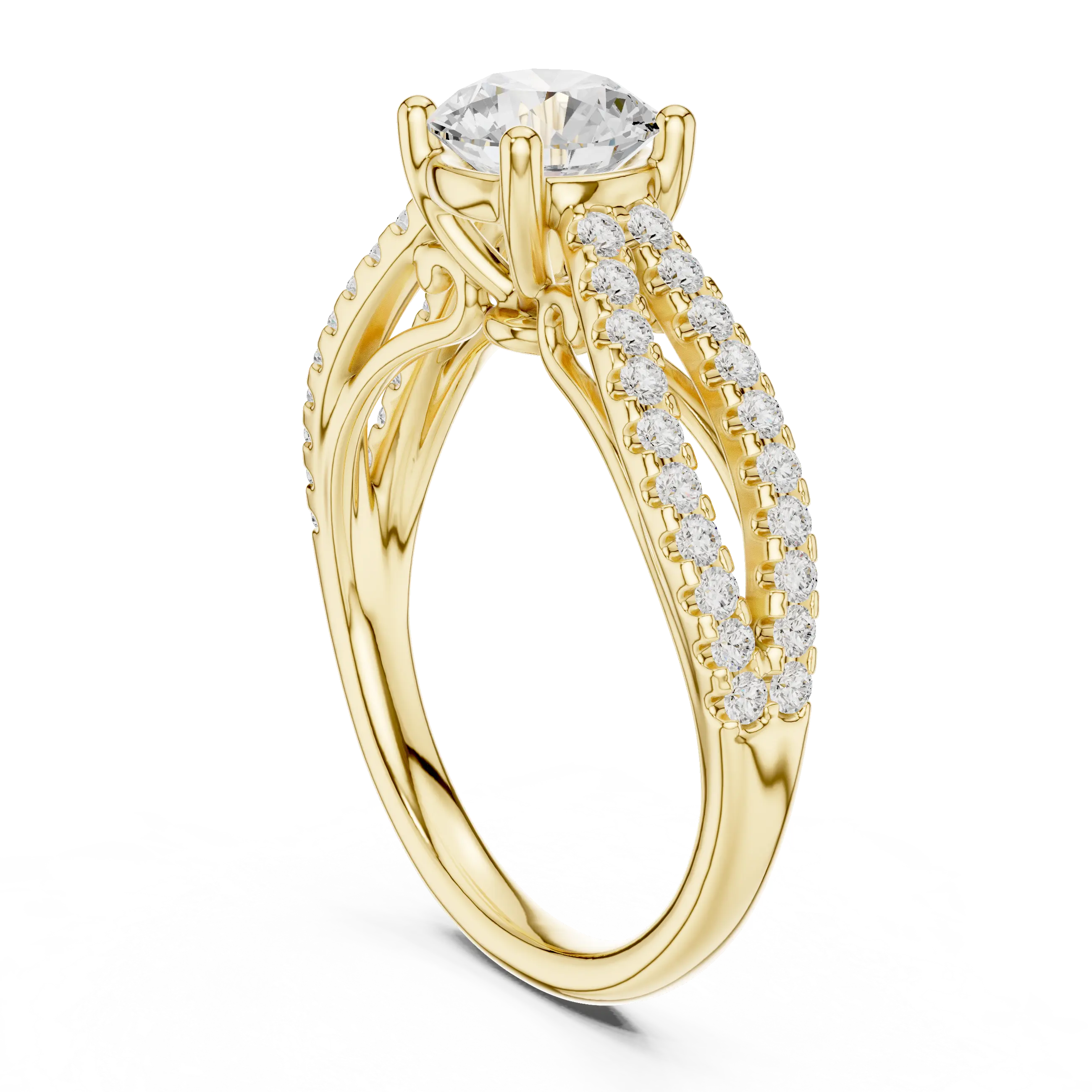 Round Diamond Split-Shank Pavé Engagement Ring in 18k White Gold