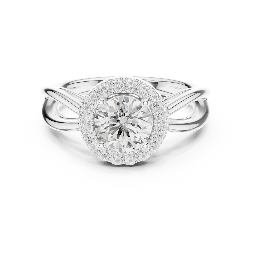 Round Diamond Halo Infinity Twist Engagement Ring in 14k White Gold