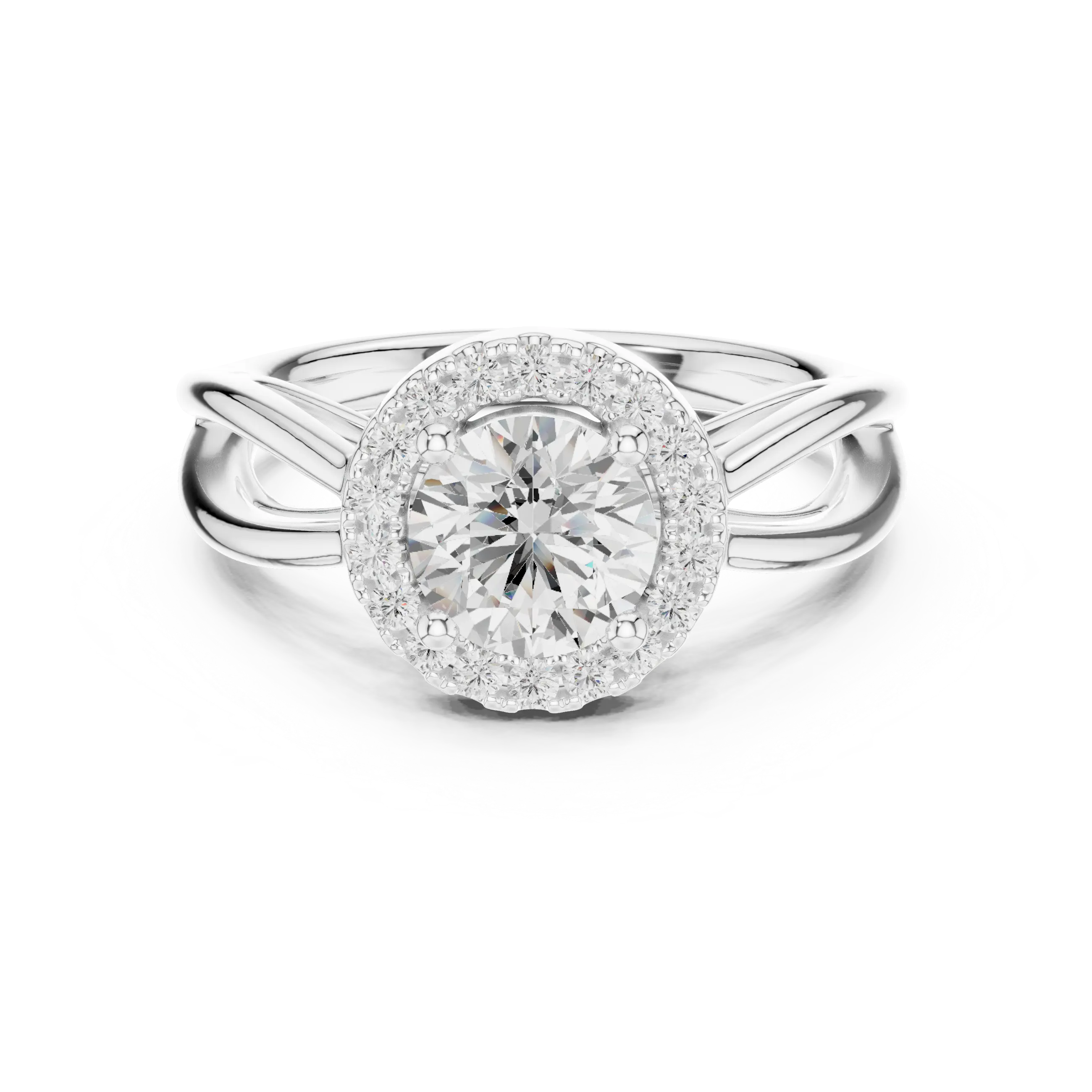 Round Diamond Halo Infinity Twist Engagement Ring in 14k White Gold