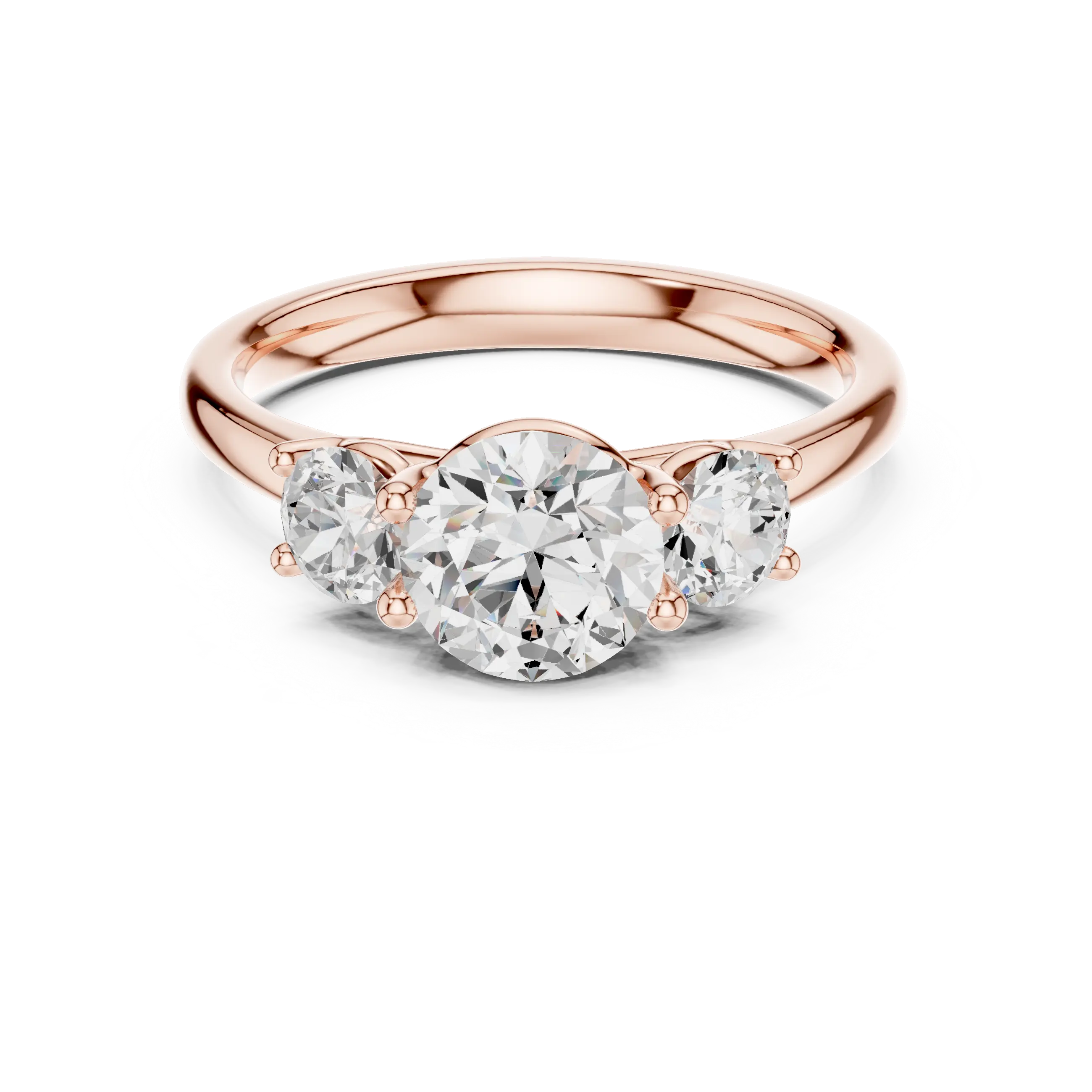 Three-Stone Round Moissanite Diamond Engagement Ring in 10k Rose Gold