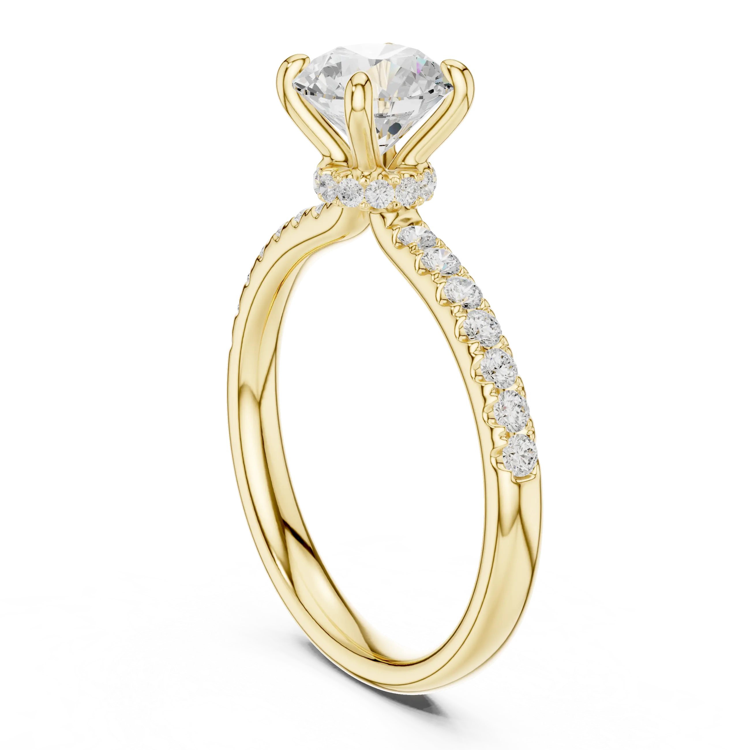 Round Diamond Hidden Halo Pavé Engagement Ring in 18k Yellow Gold