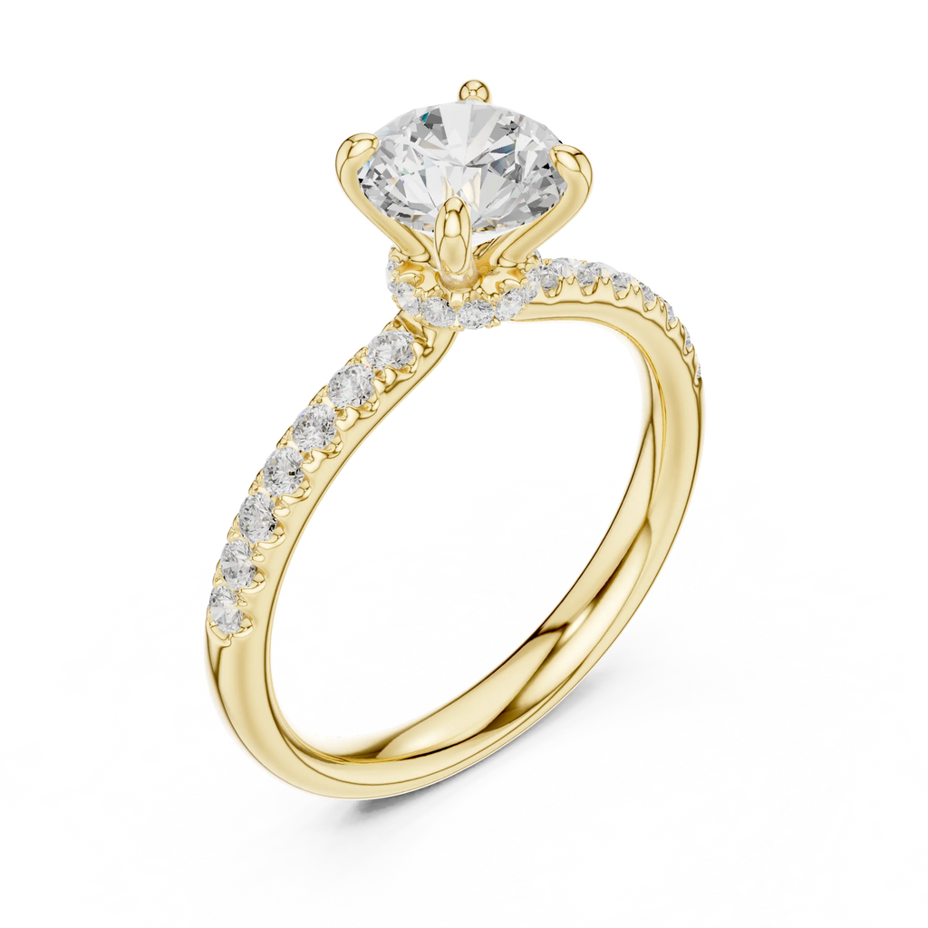 Round Diamond Hidden Halo Pavé Engagement Ring in 18k Yellow Gold