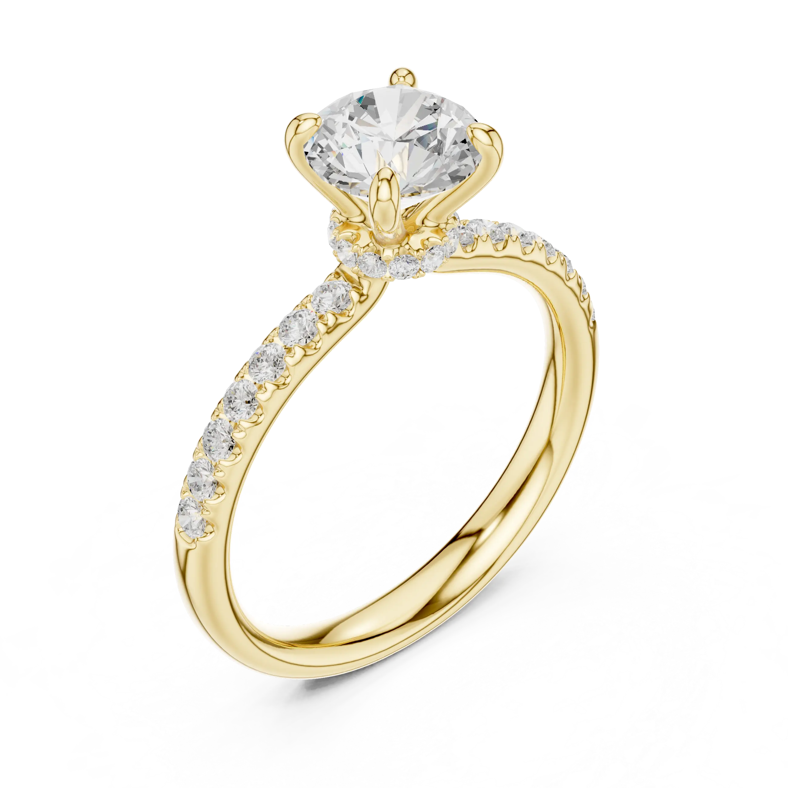 Round Diamond Hidden Halo Pavé Engagement Ring in 18k Yellow Gold