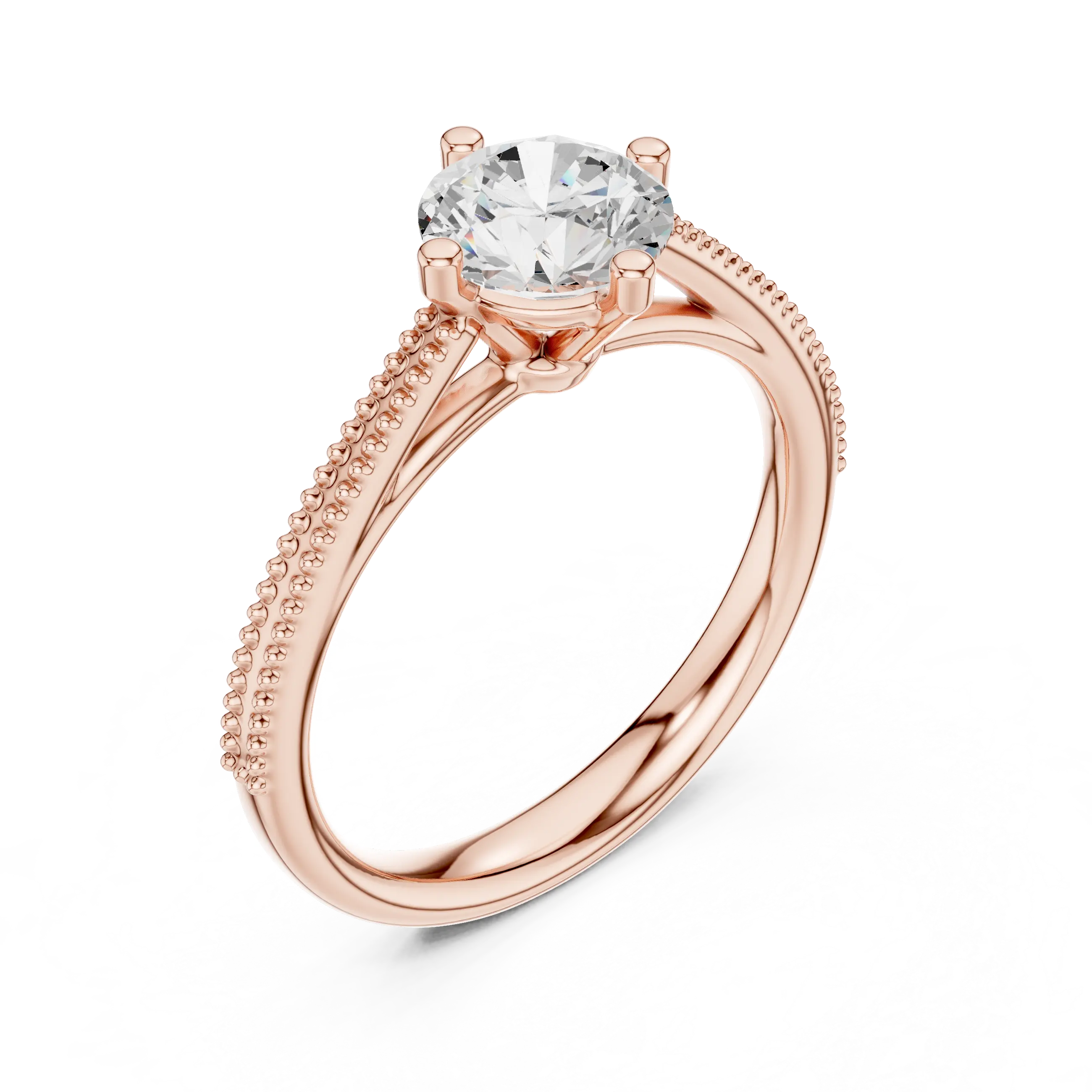 Round Diamond Milgrain-Beaded Engagement Ring in 18k Yellow Gold