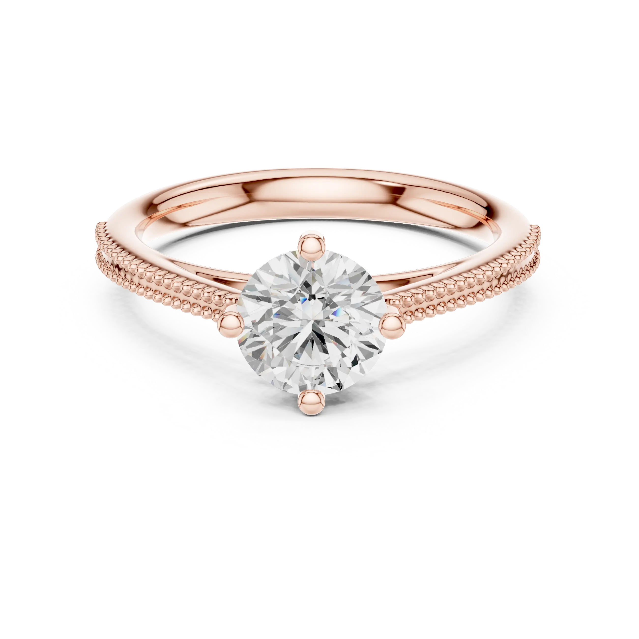 Round Diamond Milgrain-Beaded Engagement Ring in 18k Yellow Gold