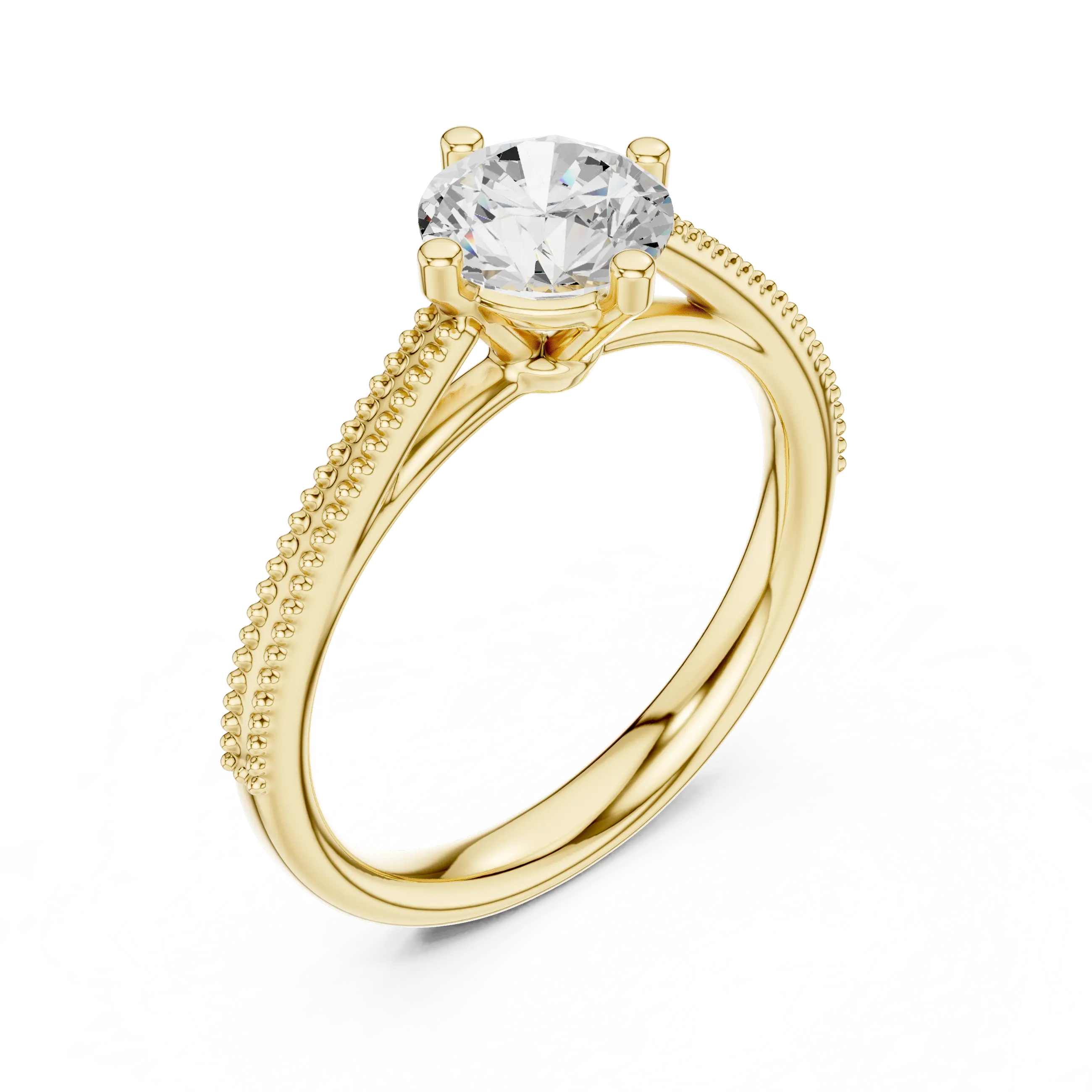 Round Diamond Milgrain-Beaded Engagement Ring in 18k Yellow Gold