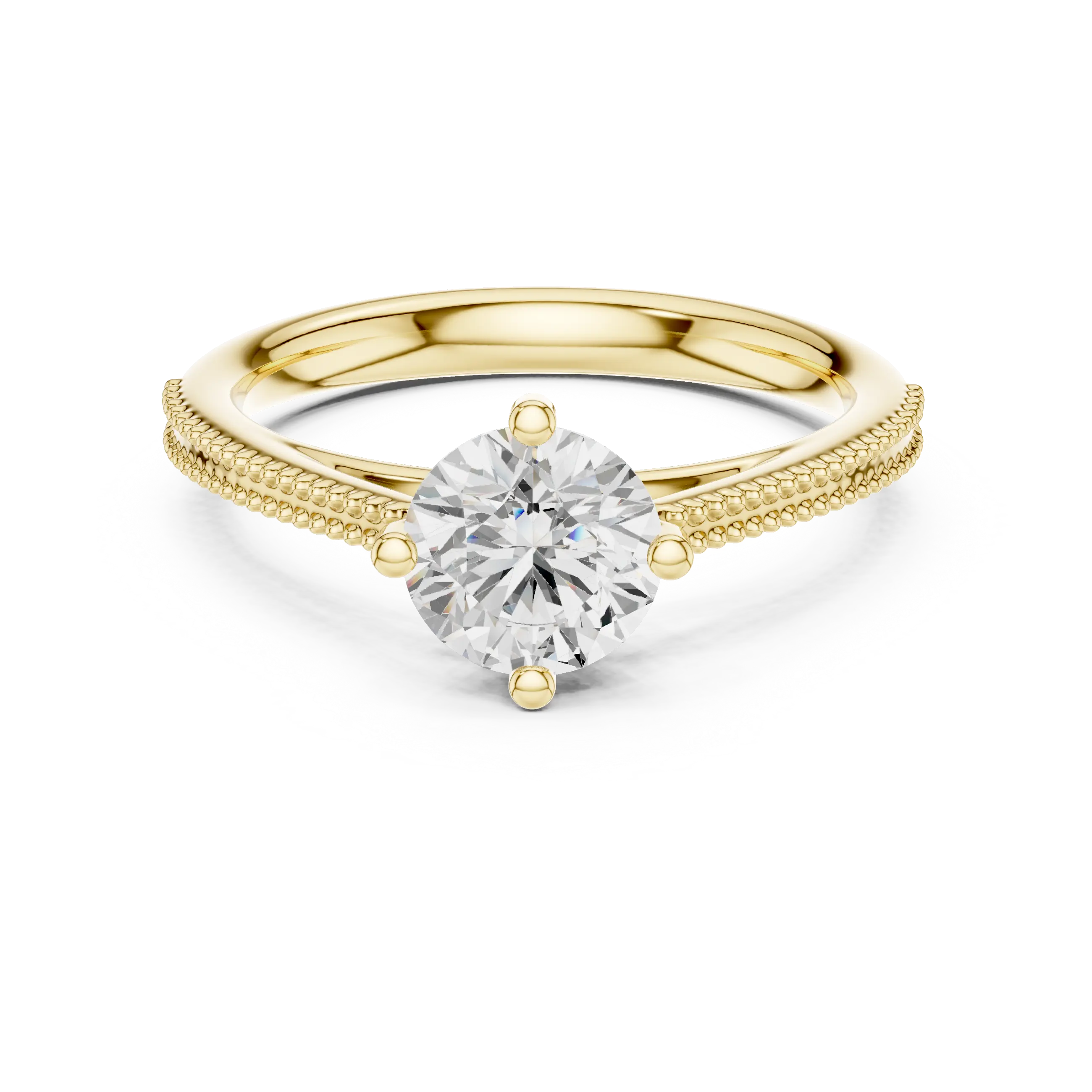 Round Diamond Milgrain-Beaded Engagement Ring in 18k Yellow Gold