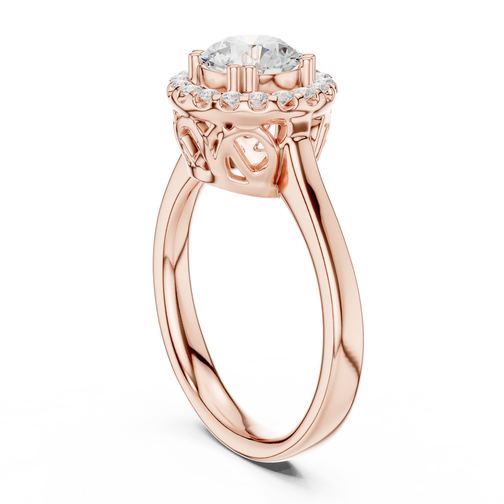Round Diamond Scalloped Halo Ring with Celtic Filigree in 14k White Gold