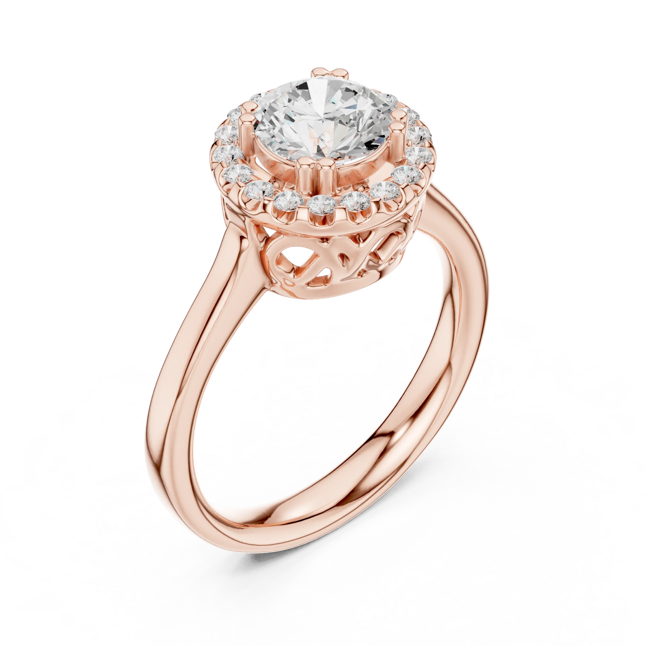 Round Diamond Scalloped Halo Ring with Celtic Filigree in 14k White Gold