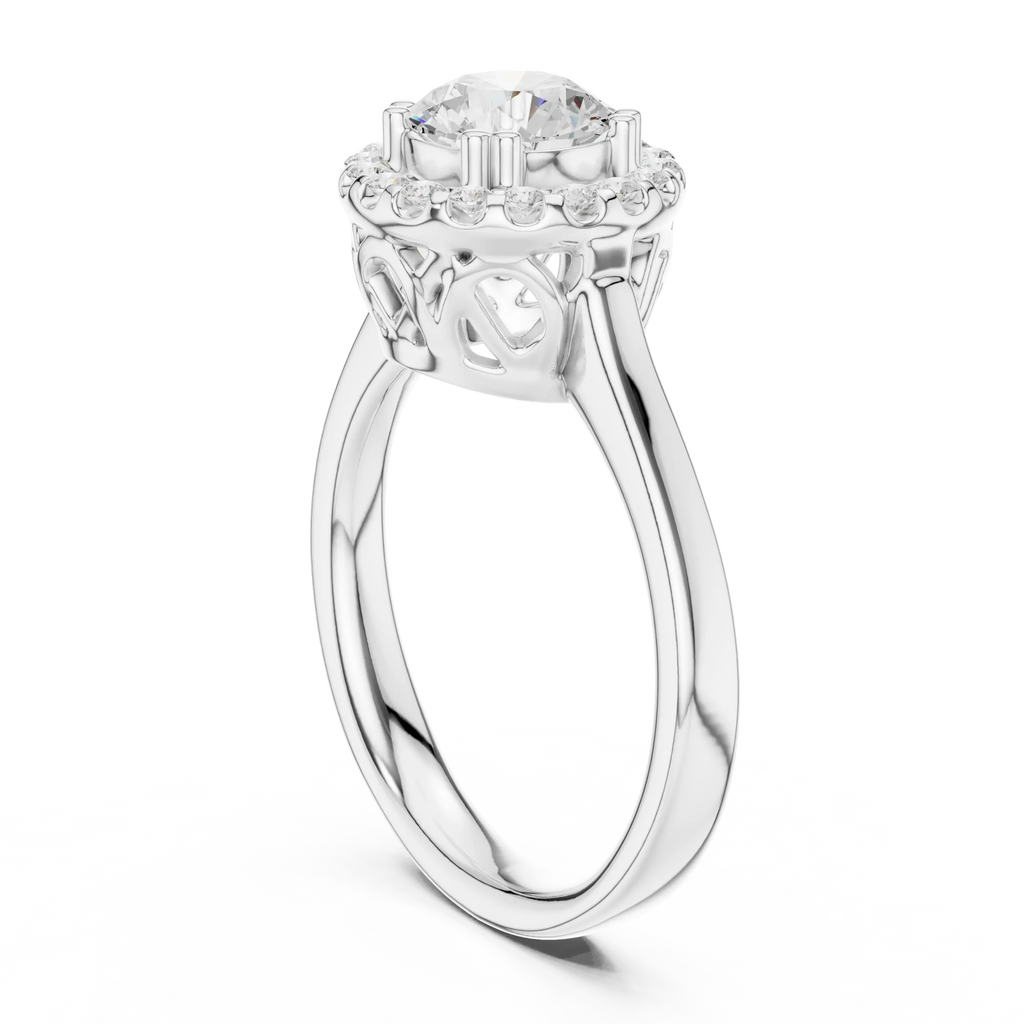Round Diamond Scalloped Halo Ring with Celtic Filigree in 14k White Gold