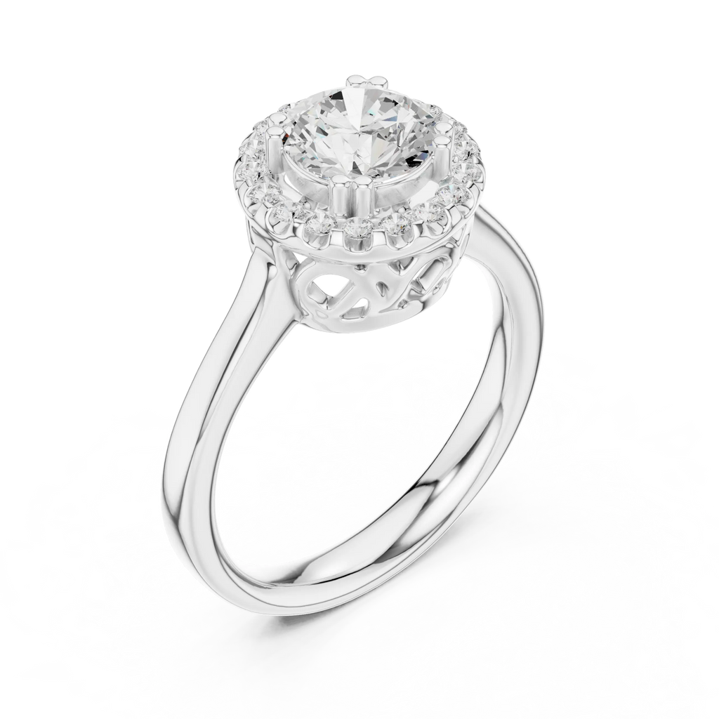Round Diamond Scalloped Halo Ring with Celtic Filigree in 14k White Gold
