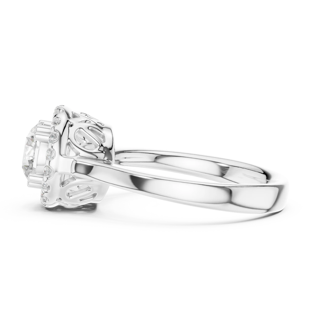Round Diamond Scalloped Halo Ring with Celtic Filigree in 14k White Gold