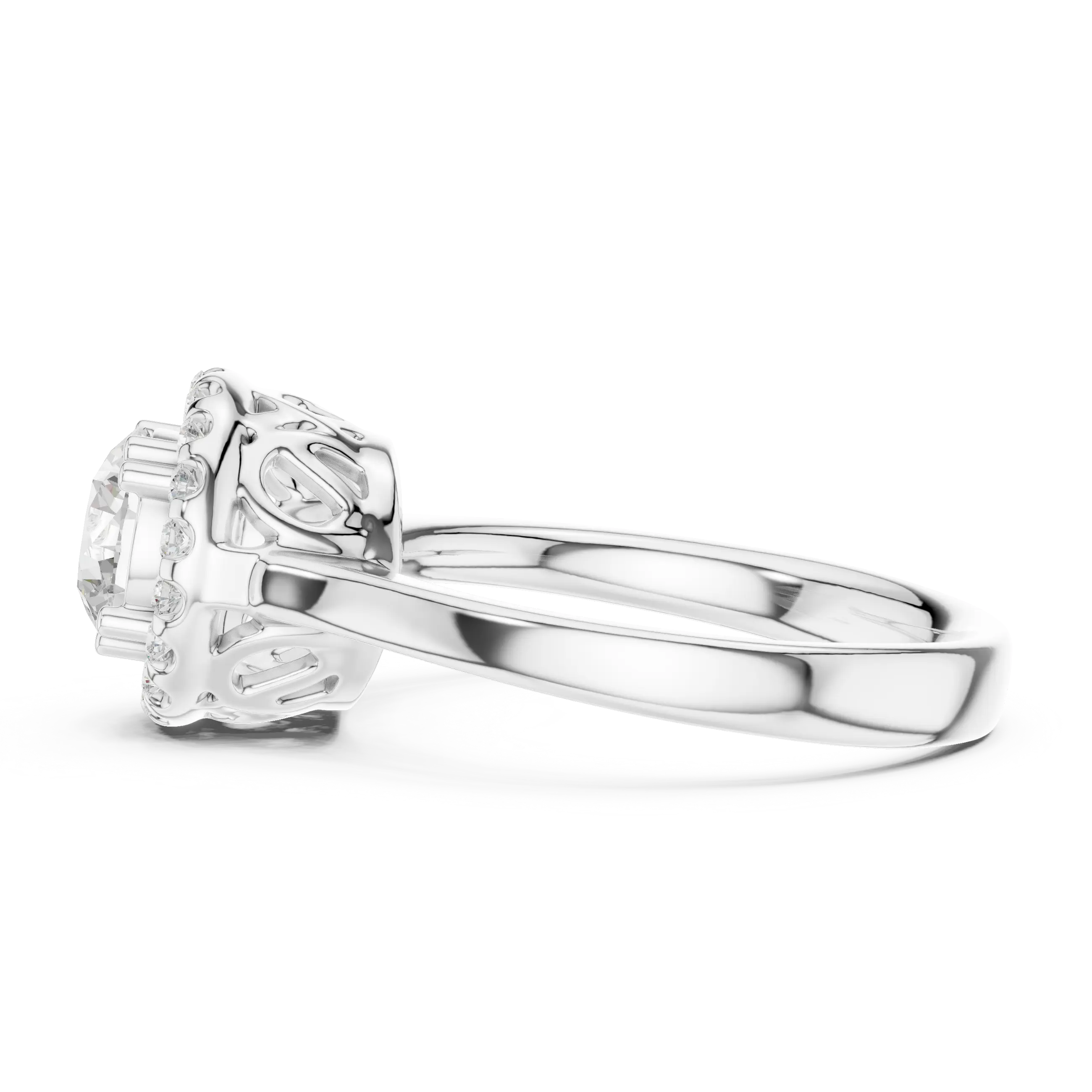 Round Diamond Scalloped Halo Ring with Celtic Filigree in 14k White Gold