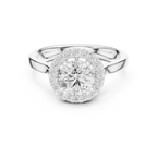 Round Diamond Scalloped Halo Ring with Celtic Filigree in 14k White Gold
