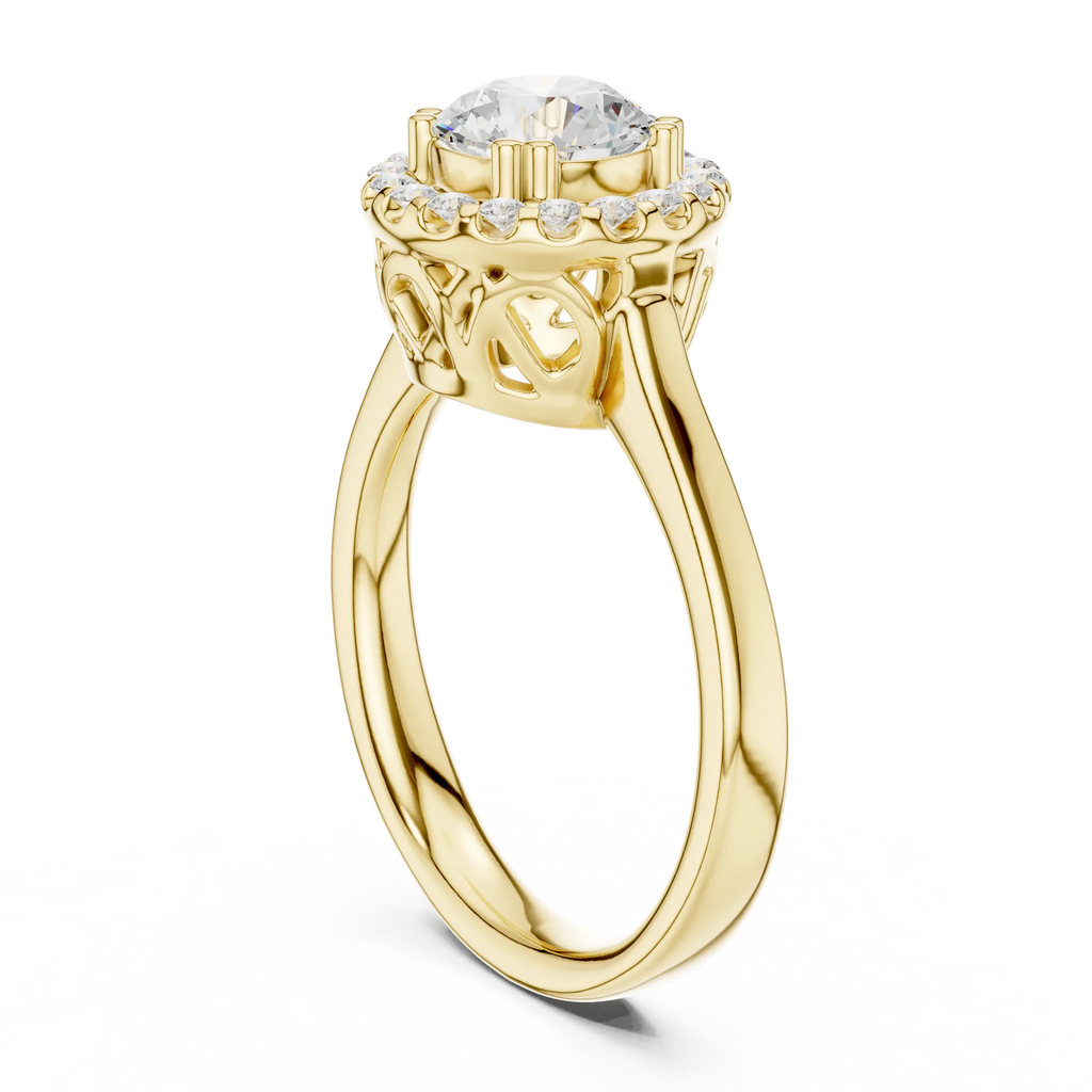 Round Diamond Scalloped Halo Ring with Celtic Filigree in 14k White Gold