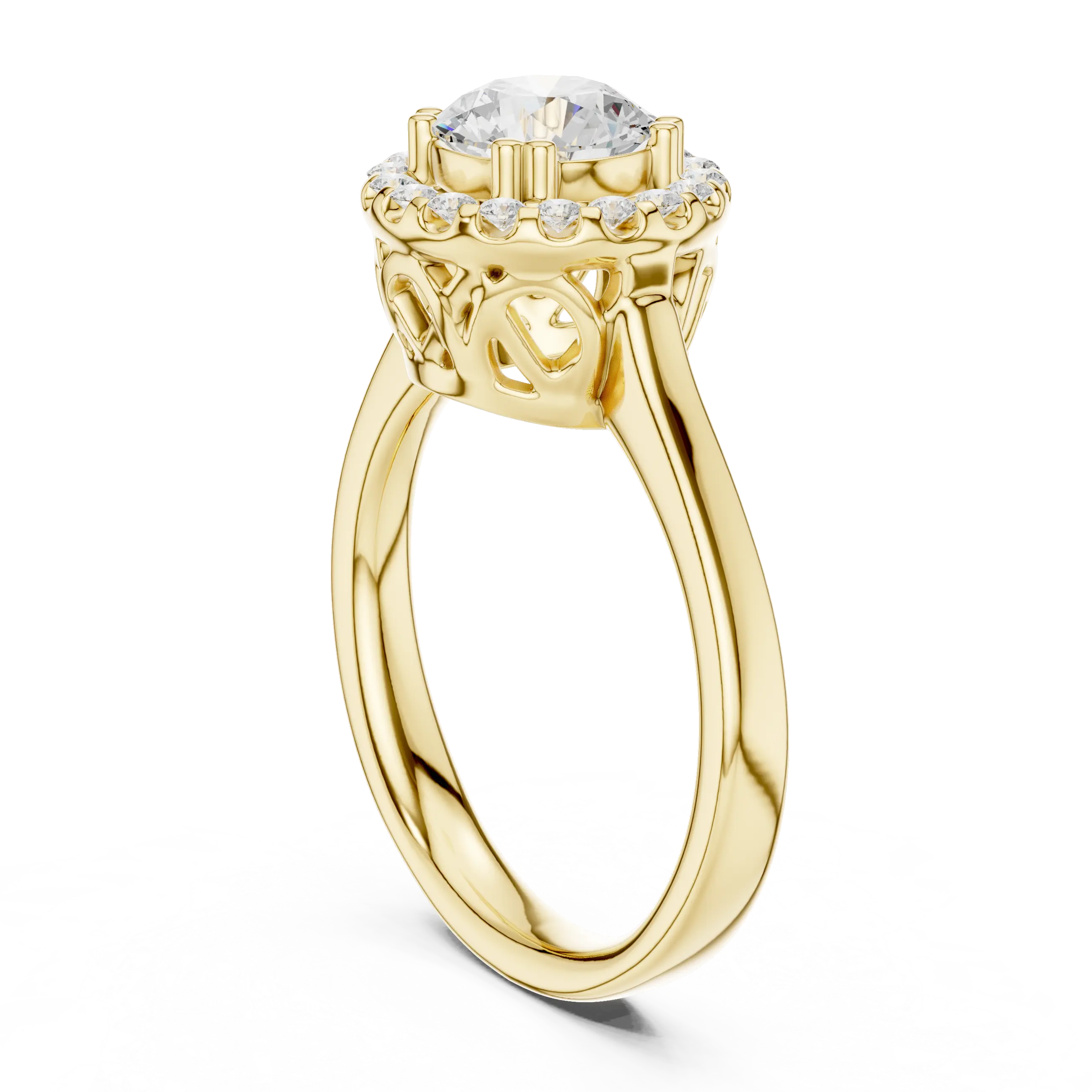 Round Diamond Scalloped Halo Ring with Celtic Filigree in 14k White Gold
