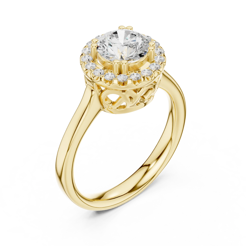 Round Diamond Scalloped Halo Ring with Celtic Filigree in 14k White Gold