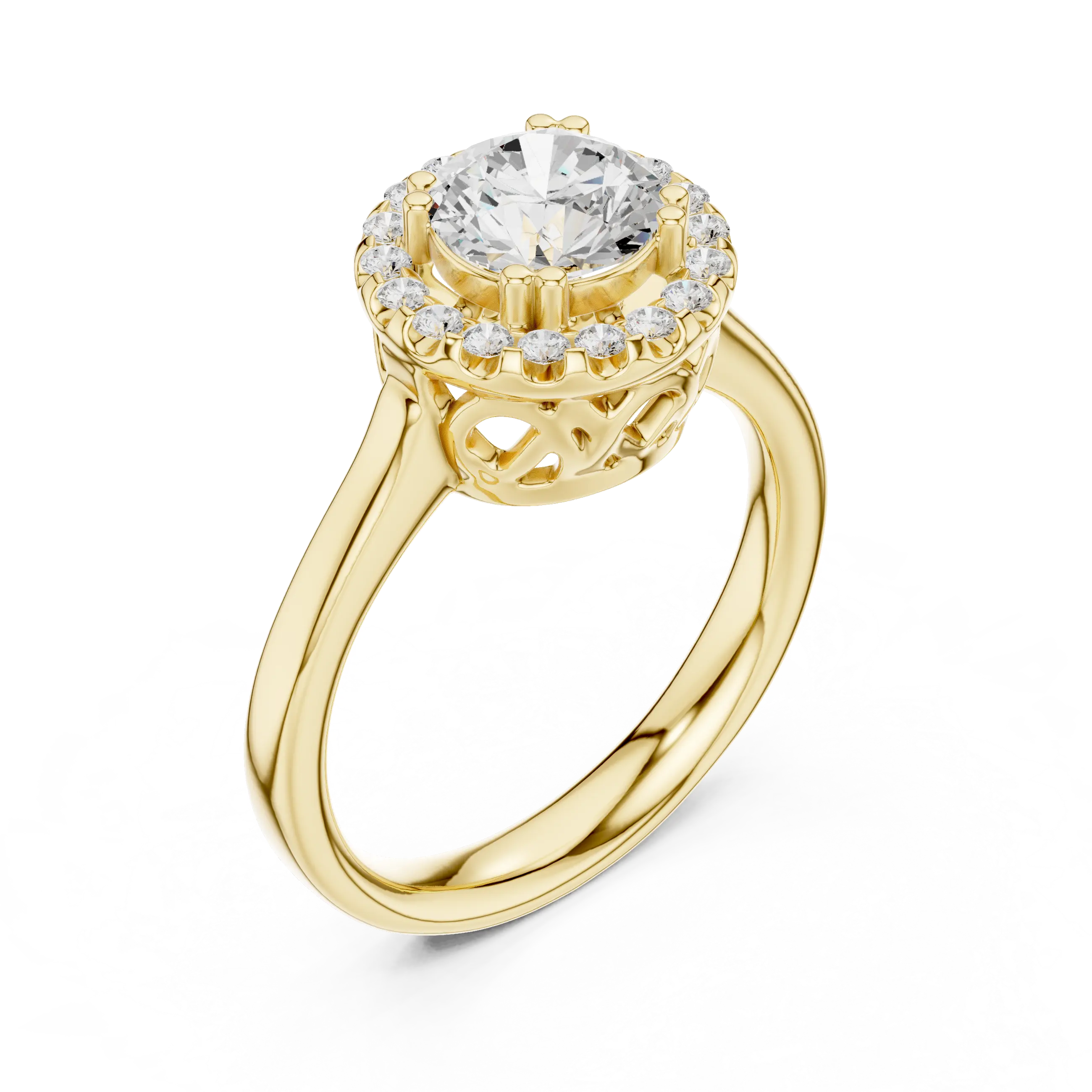 Round Diamond Scalloped Halo Ring with Celtic Filigree in 14k White Gold