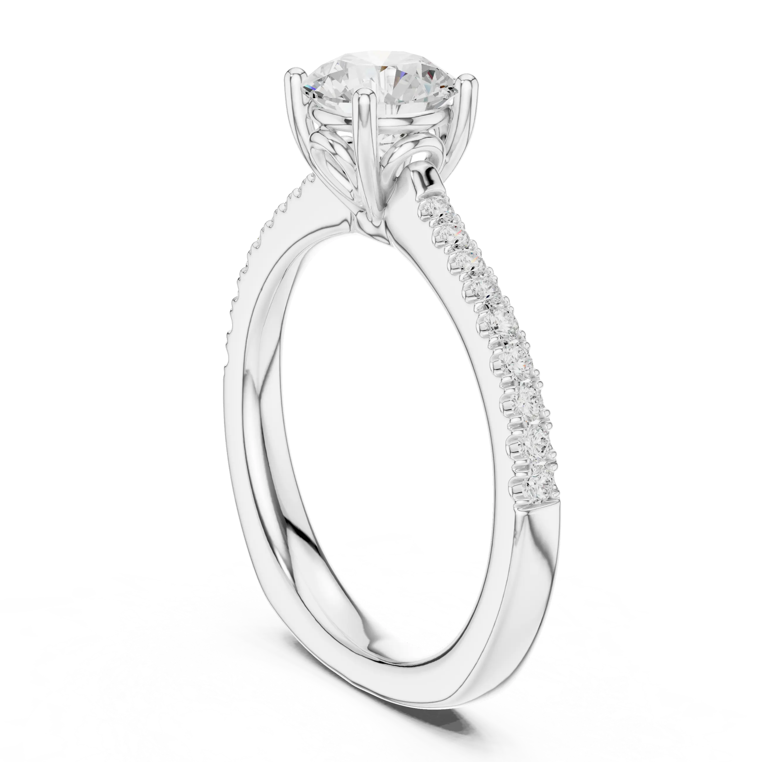 Round Diamond Hidden Halo Pavé Engagement Ring in 18k White Gold