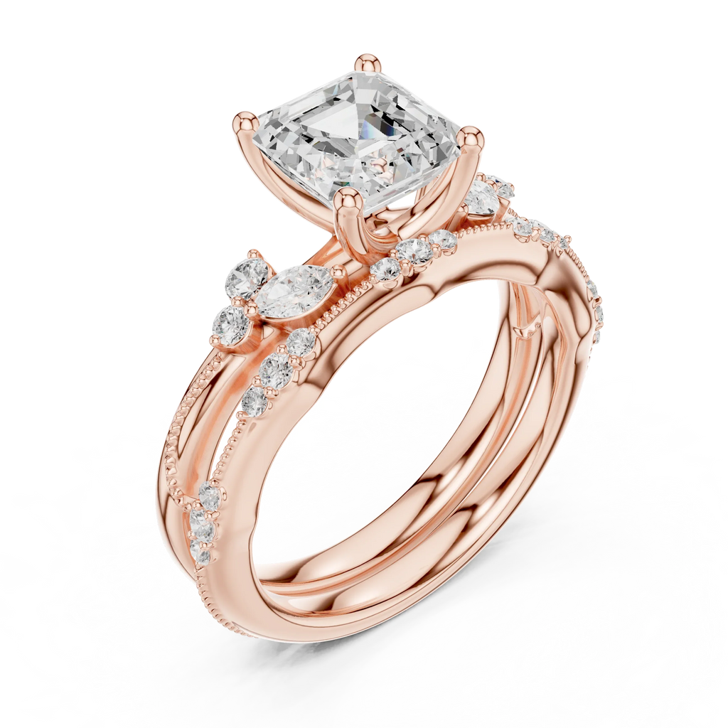 2.37 CTW Asscher Cut Moissanite Diamond Engagement Ring with Nature-Inspired Vine Band and Pear Side Accents in 14K White Gold